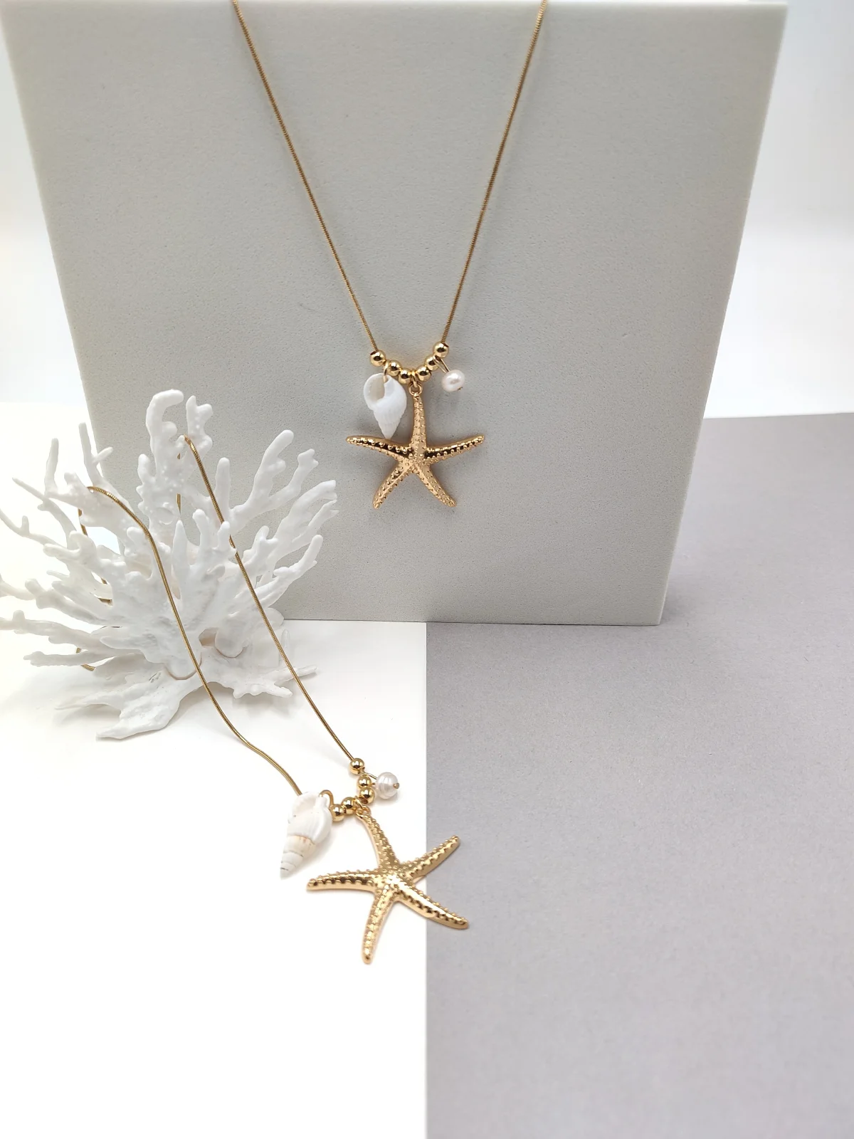 Stainless Steel Necklace with Gold-Plated Starfish and Pearl by Magis Handmade Jewels – view 3