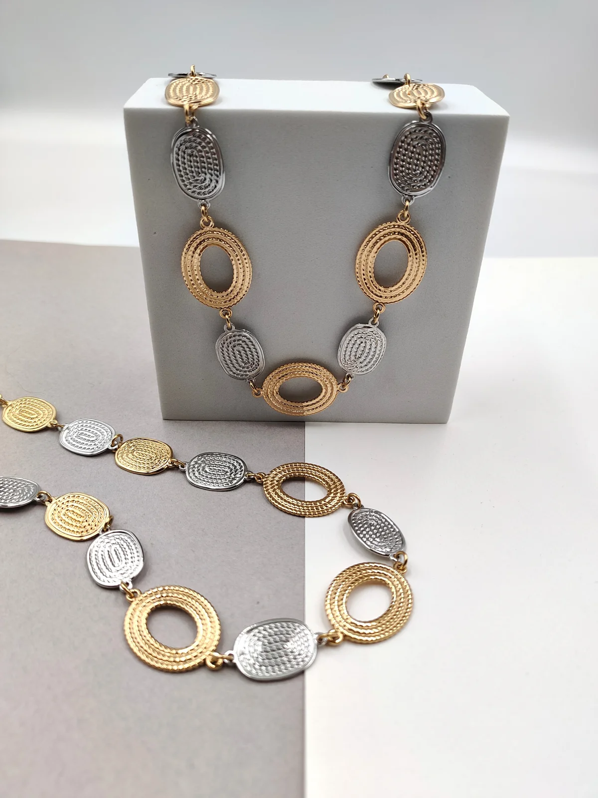 Stainless Steel Two-Tone Necklace with Embossed Motif by Magis Handmade Jewels – view 3