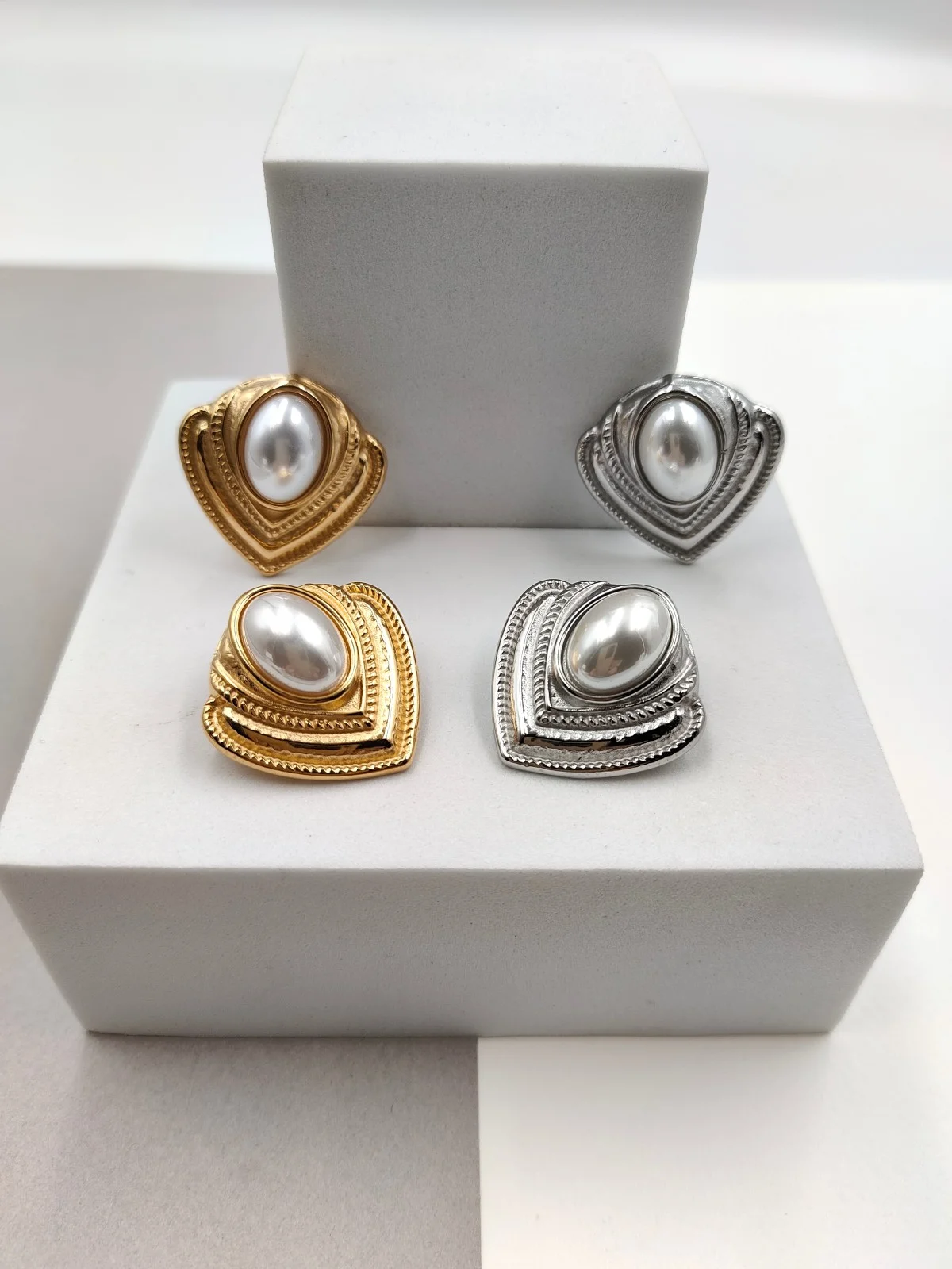 Stainless Steel Vintage Earrings with Pearl by Magis Handmade Jewels – view 2