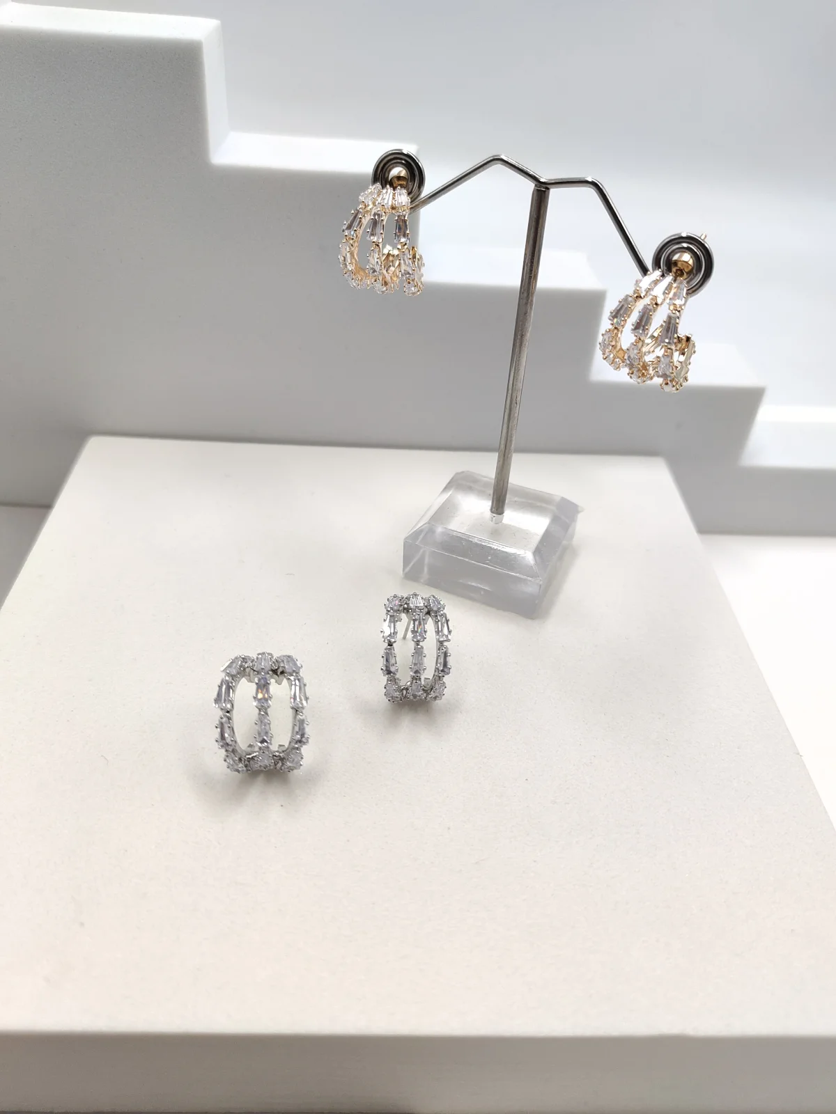 Gold-Plated Triple Hoop Earrings with Crystals by Magis Handmade Jewels – view 3