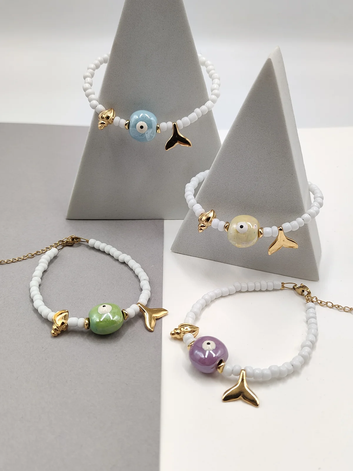 Bracelet with Glass Beads and Ceramic Evil Eye #752788