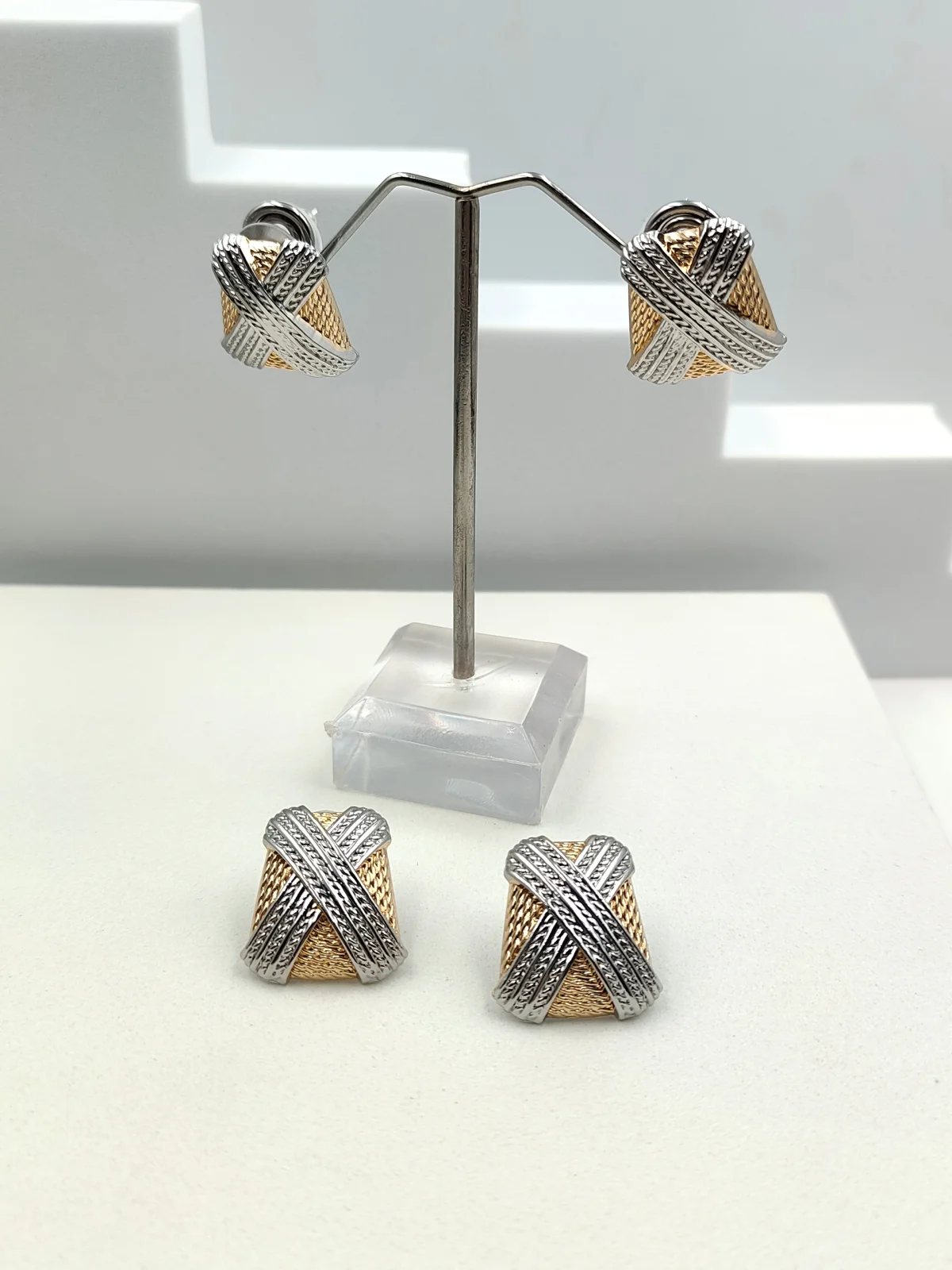 Gold-Plated Two-Tone Earrings with Woven Design #722499