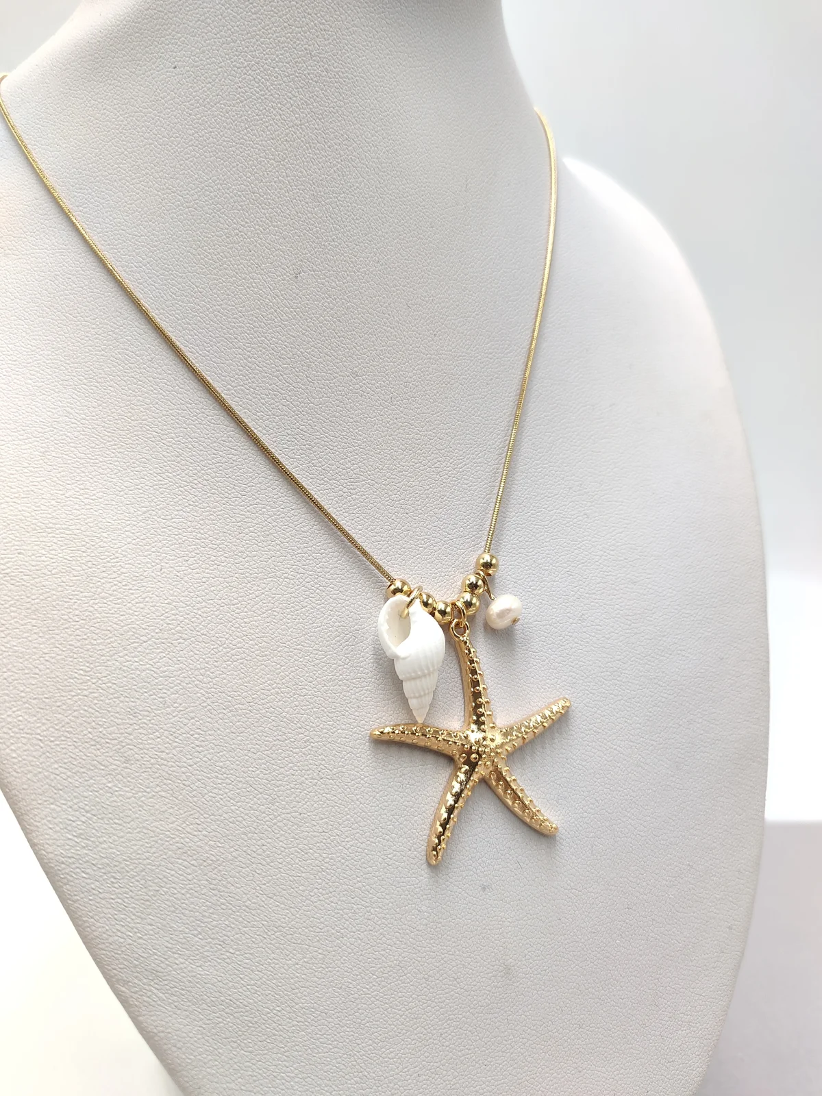 Stainless Steel Necklace with Gold-Plated Starfish and Pearl by Magis Handmade Jewels – view 2