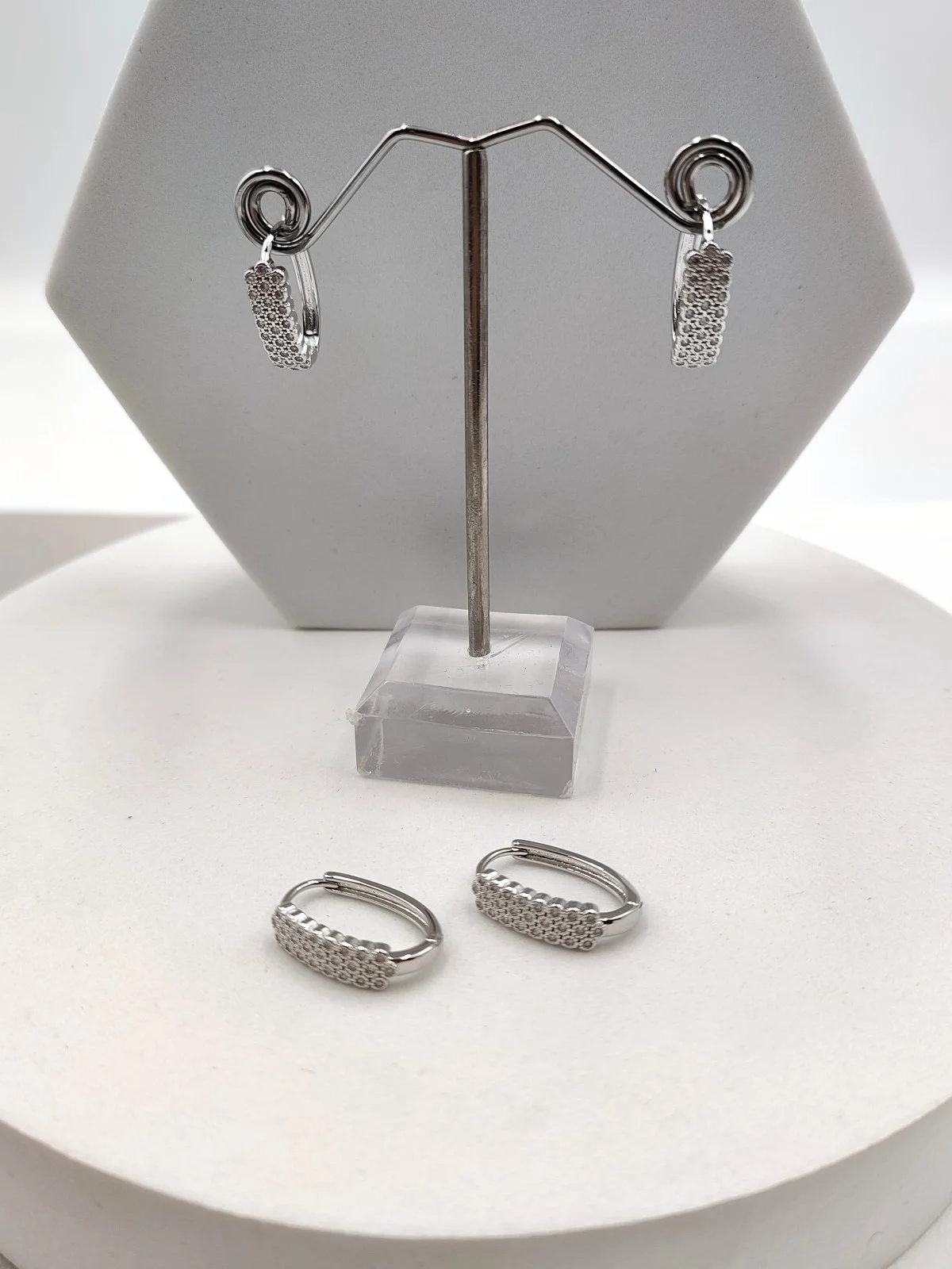 Stainless Steel Oval Earrings with Zircon by Magis Handmade Jewels – view 2