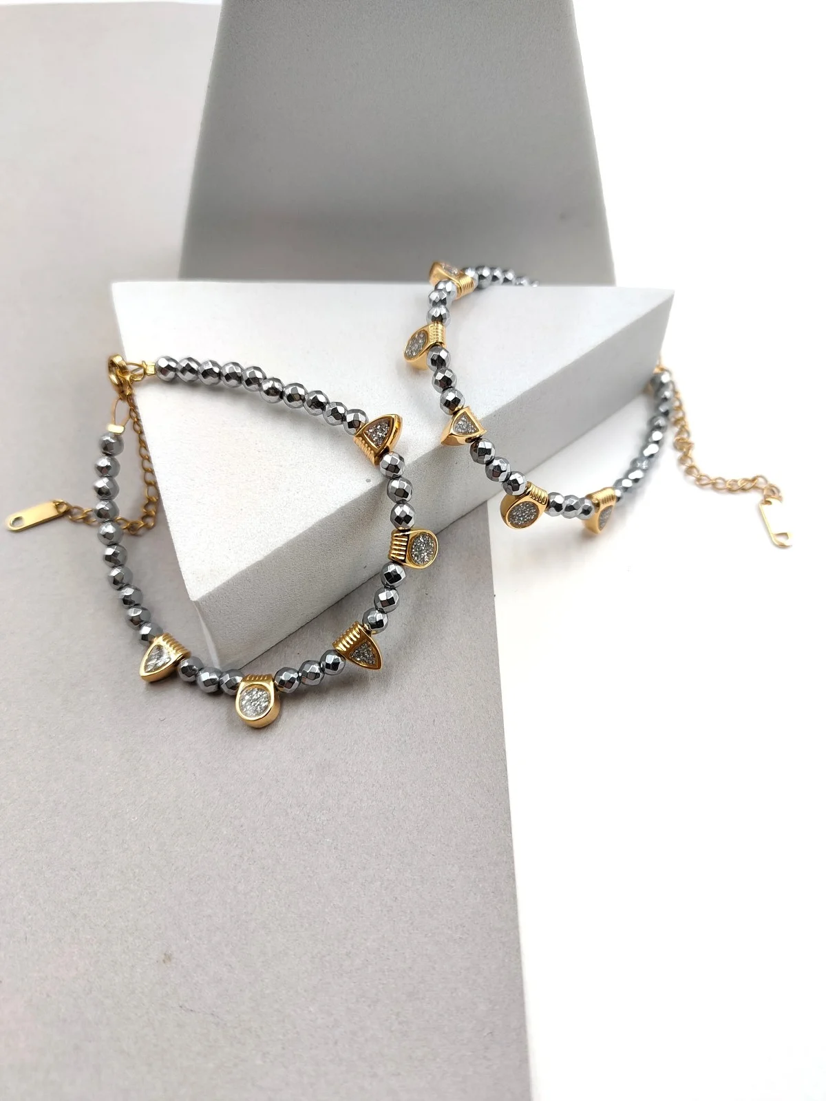 Bracelet with Hematite Beads and Gold-Plated Enamel Details by Magis Handmade Jewels – view 4