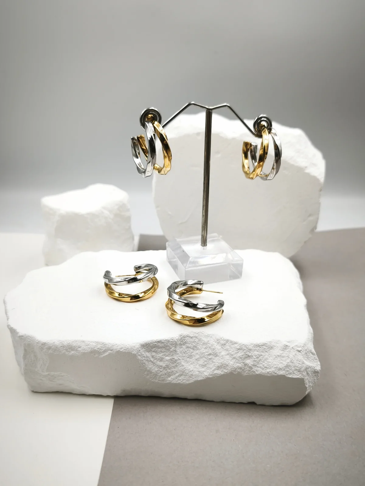 Stainless Steel Two-Tone Twisted Hoop Earrings #703154
