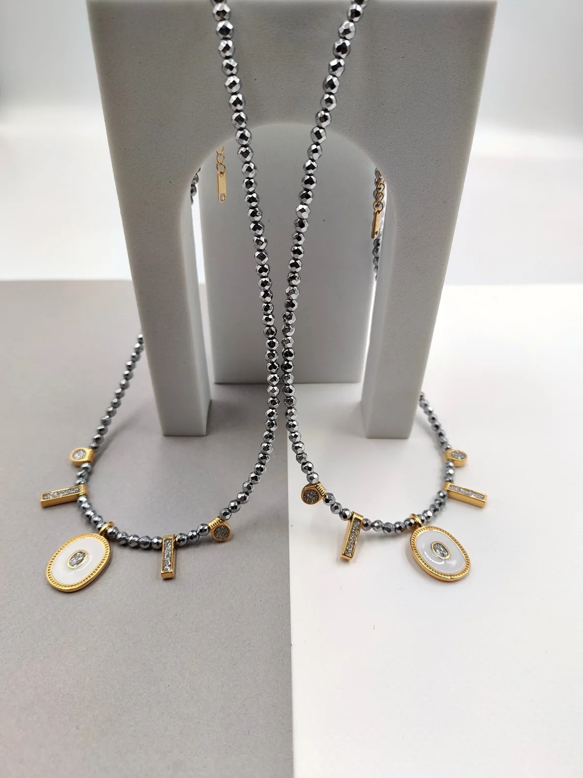 Necklace with Hematite Beads and Gold-Plated Enamel Details by Magis Handmade Jewels – view 3
