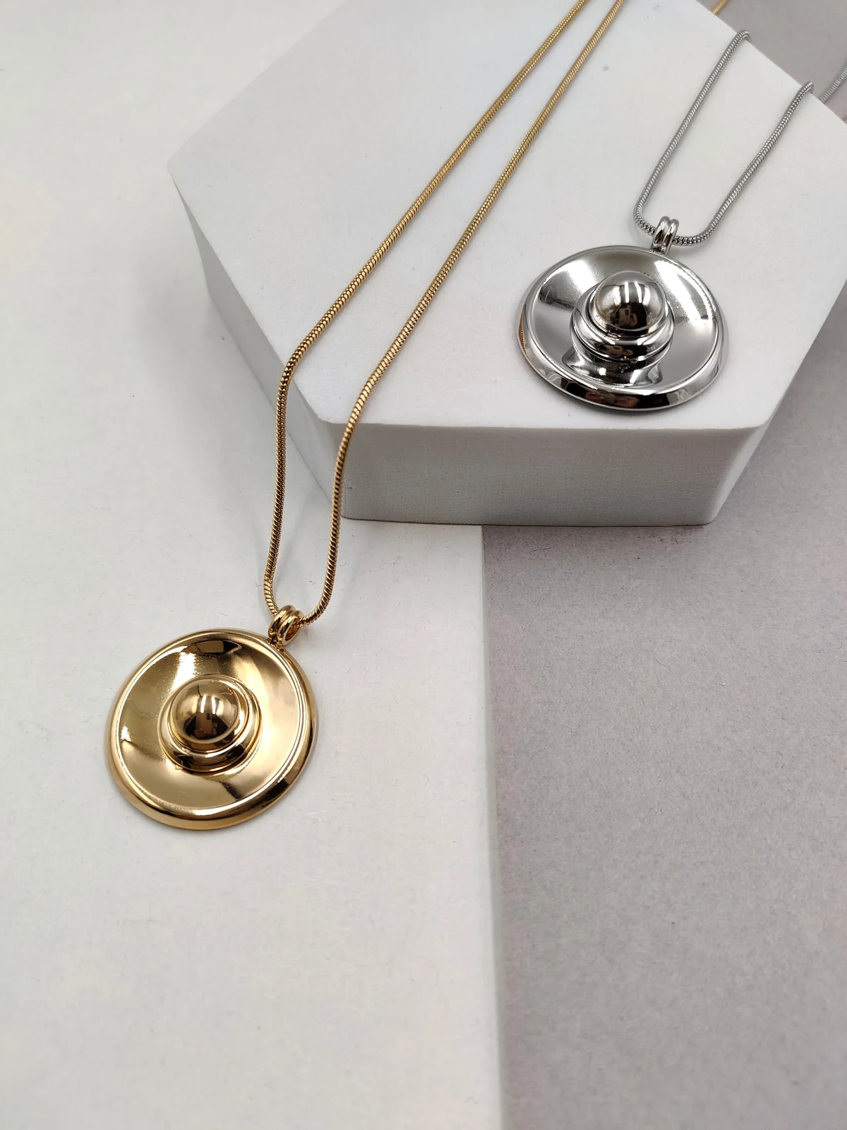 Stainless Steel Long Necklace with Round Motif by Magis Handmade Jewels – view 2
