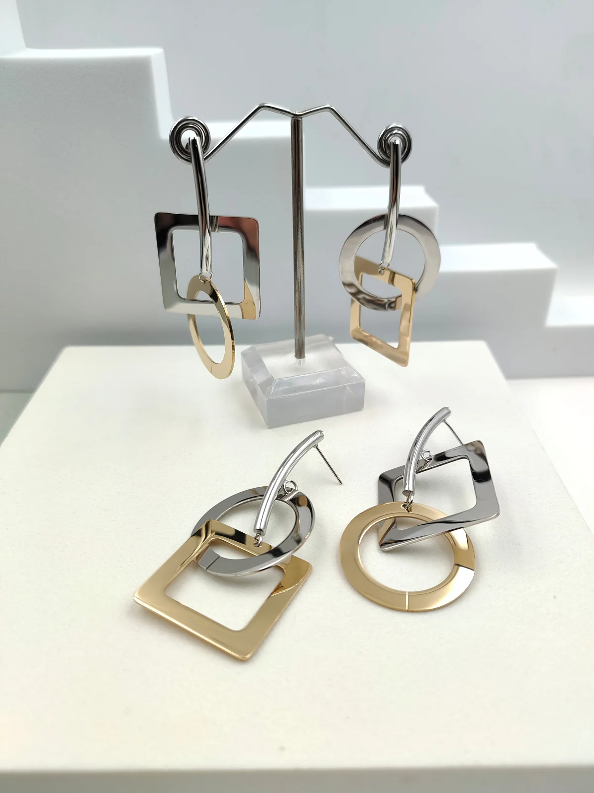 Stainless Steel Two-Tone Earrings with Geometric Shapes #822492