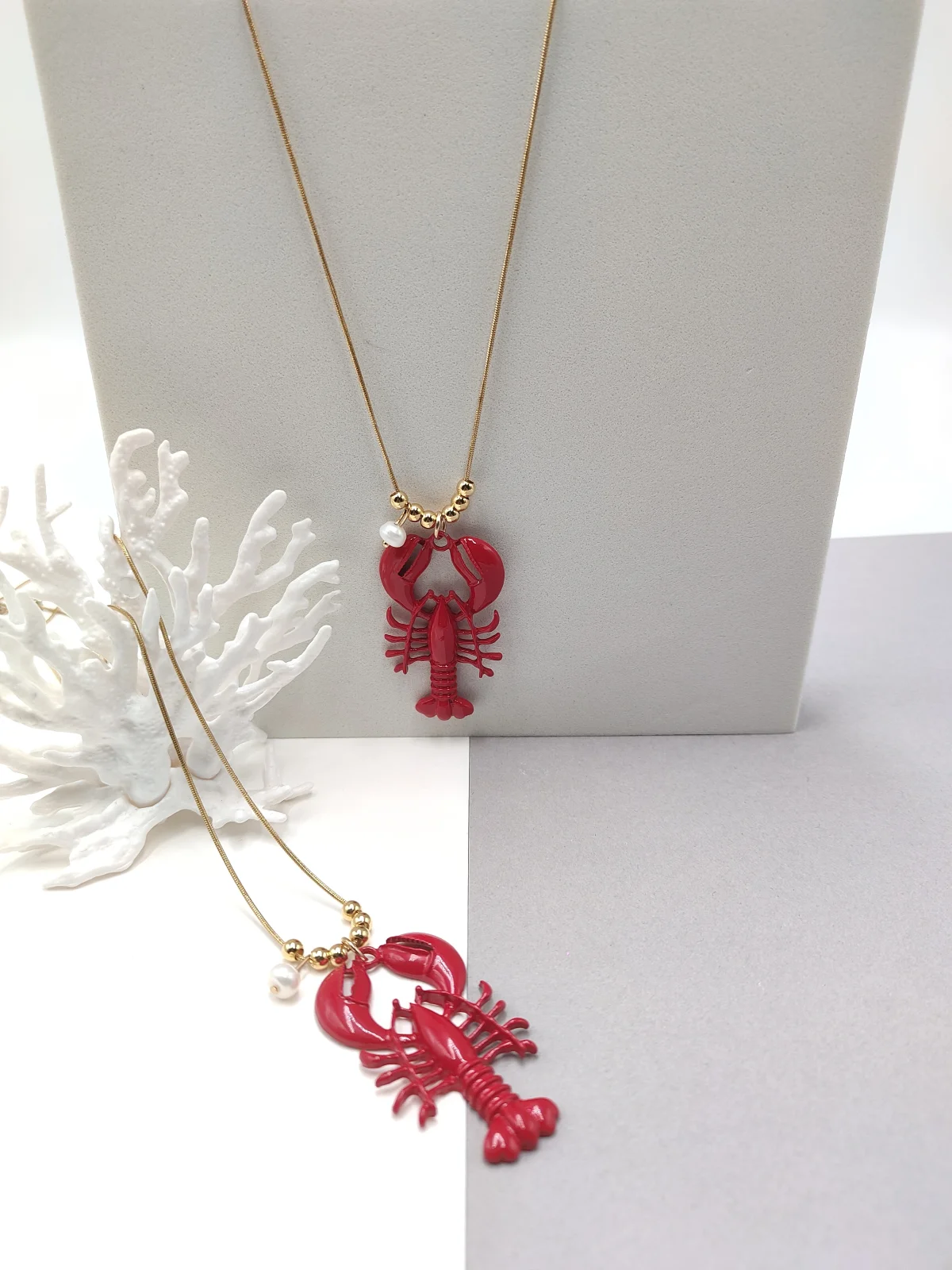 Long Stainless Steel Necklace with Lobster and Pearl by Magis Handmade Jewels – view 3