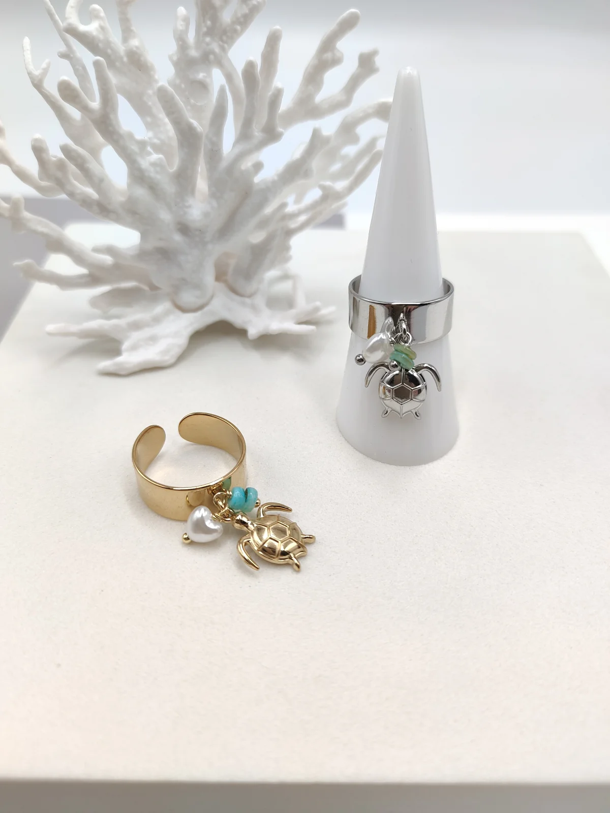 Stainless Steel Ring with Turtle Drop and Acrylic Heart #552797
