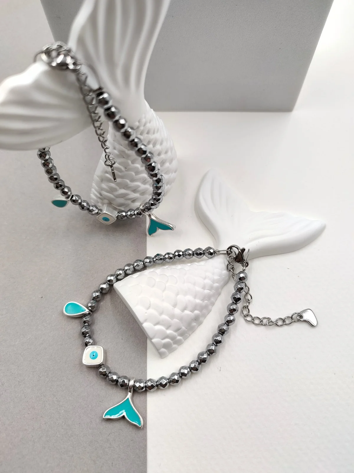 Bracelet with Hematite Beads and Silver-Plated Enamel Details by Magis Handmade Jewels – view 4