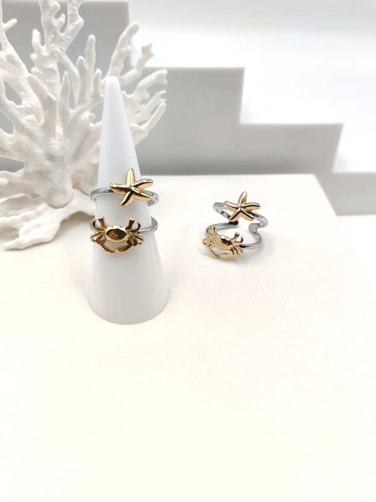 Stainless Steel Double Two-Tone Ring with Summer Motif #552893