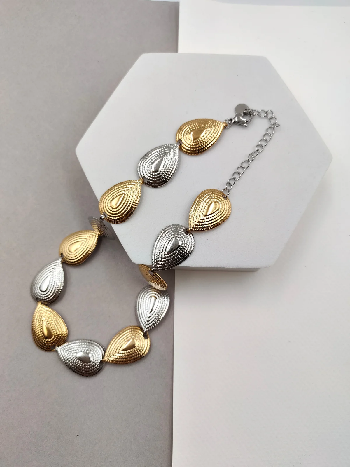 Stainless Steel Two-Tone Necklace with Embossed Drops by Magis Handmade Jewels – view 3