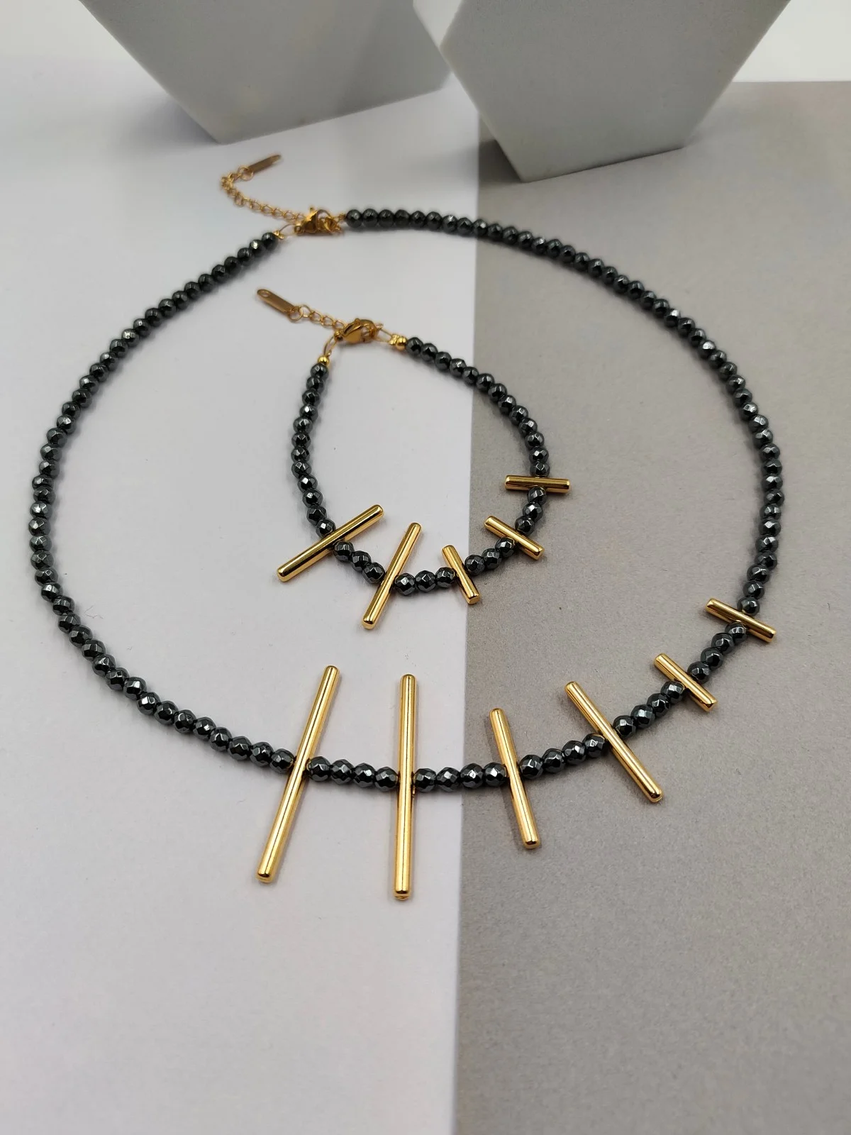 Necklace with Hematite and Gold-Plated Bars by Magis Handmade Jewels – view 3