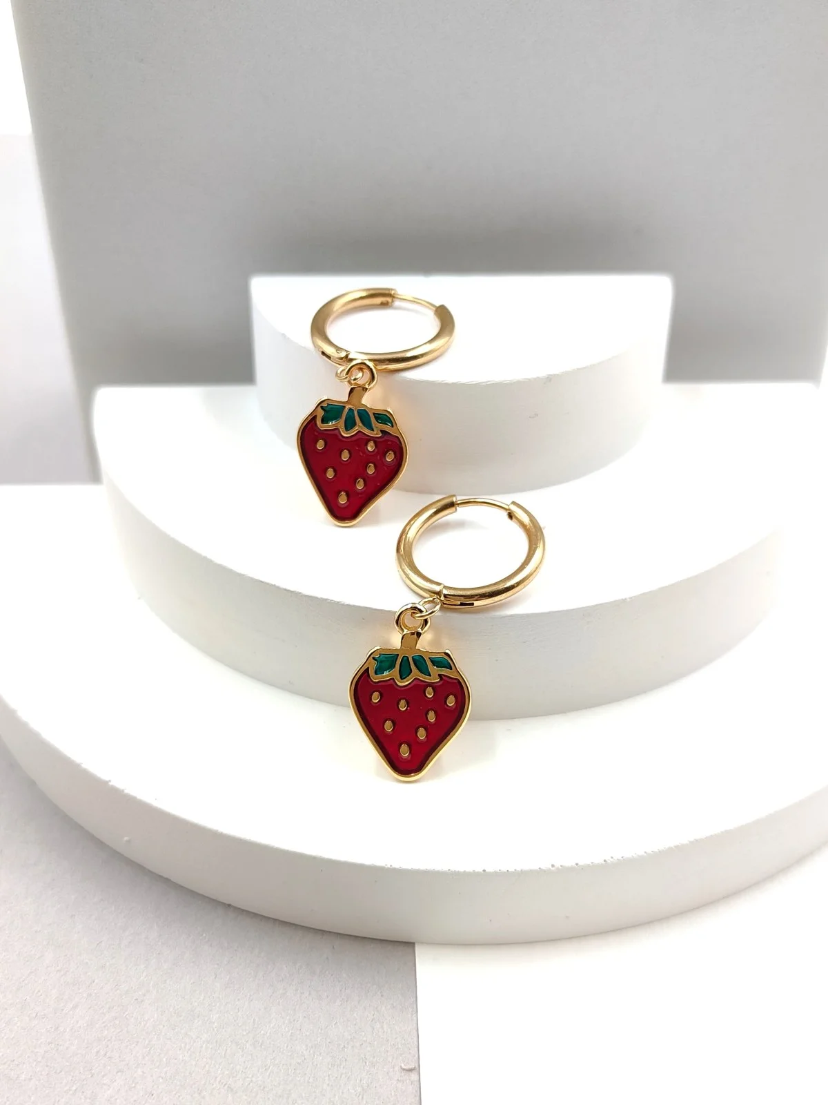 Stainless Steel Hoop Earrings with Strawberries and Enamel by Magis Handmade Jewels – view 2
