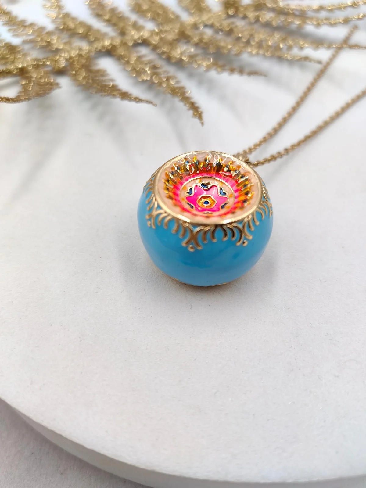 Stainless Steel Long Necklace with Ornate Enamel Pendant by Magis Handmade Jewels – view 3