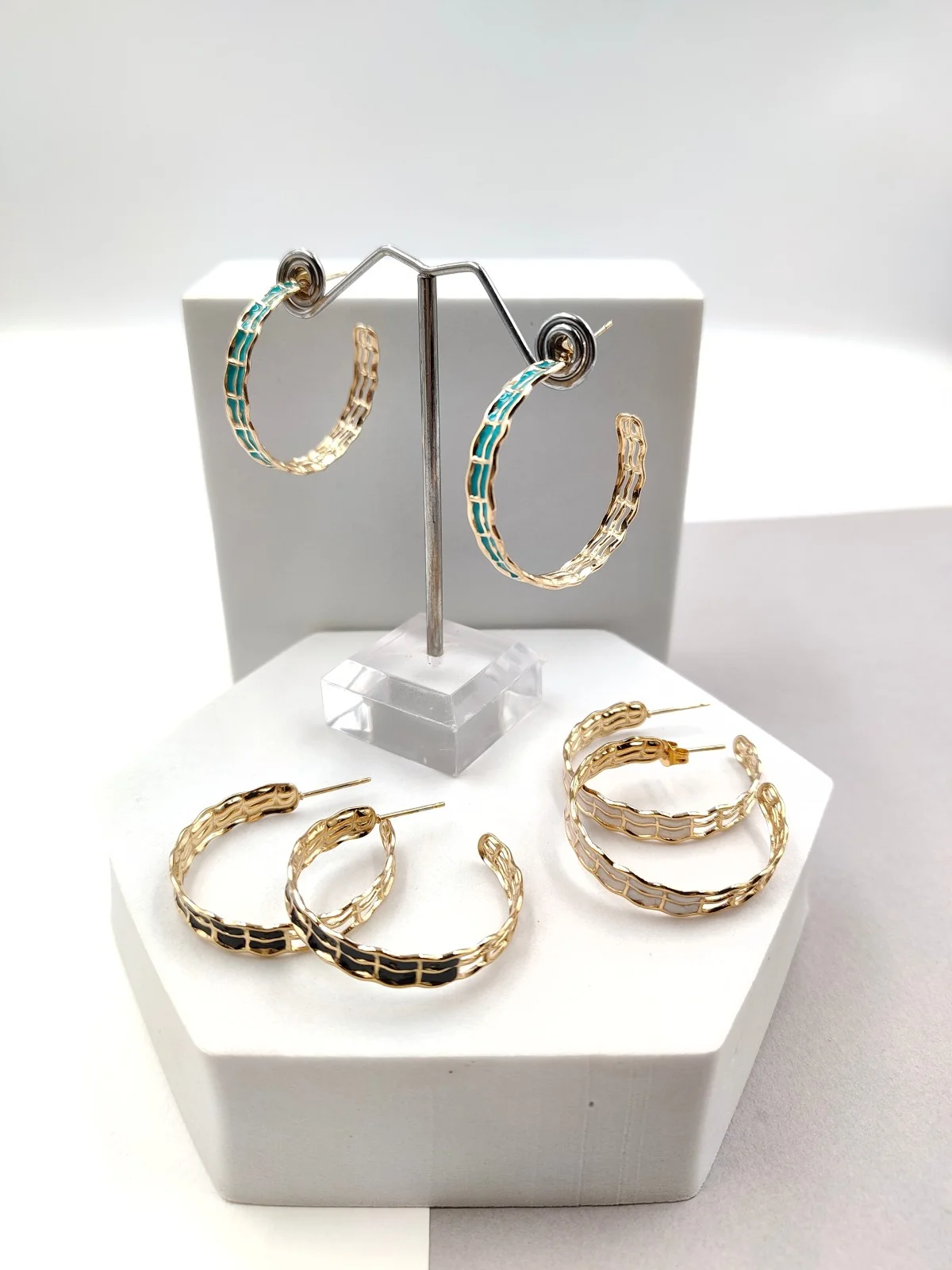 Stainless Steel Hoop Earrings with Enamel by Magis Handmade Jewels – view 2