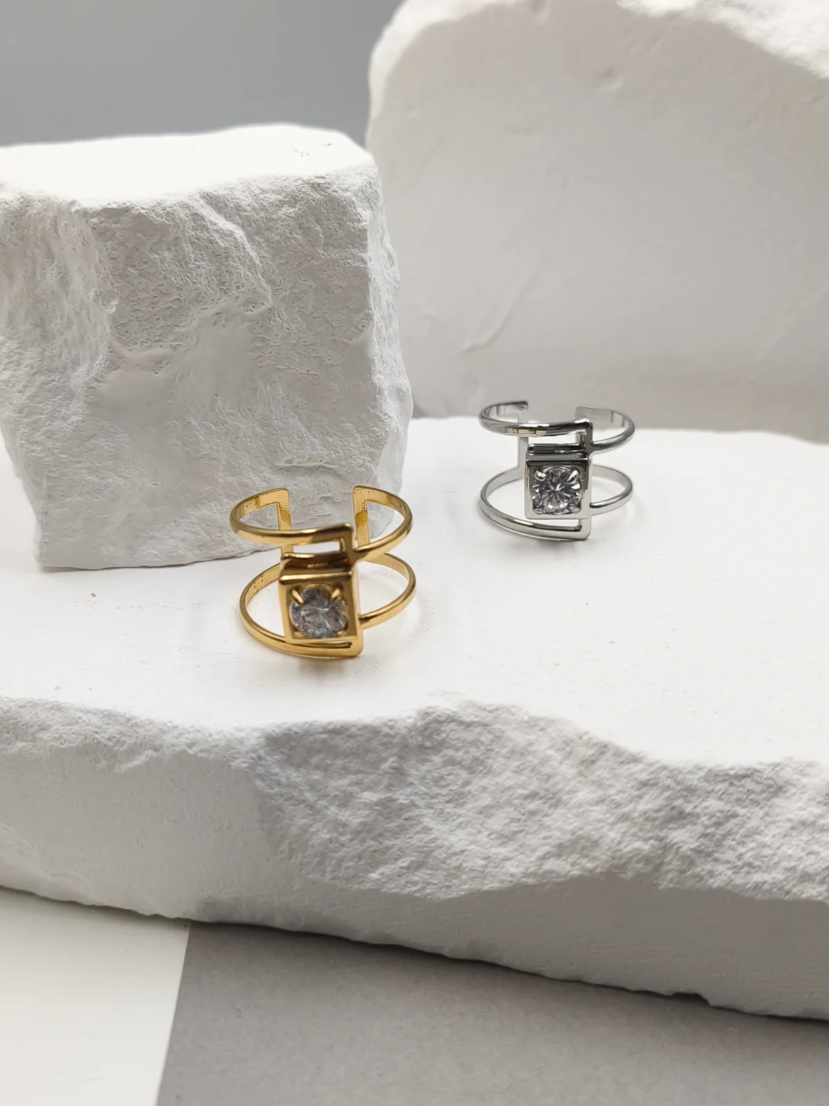 Stainless Steel Double Ring with Crystal by Magis Handmade Jewels – view 2