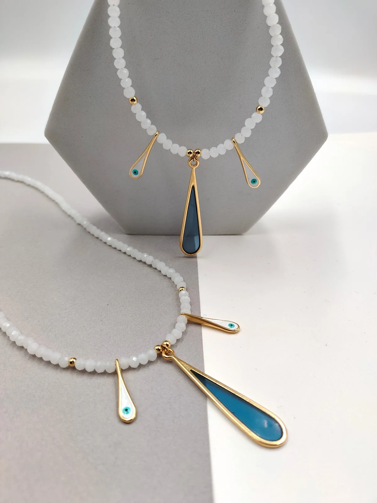 Necklace with Faceted Crystals and Gold-Plated Enamel Drops by Magis Handmade Jewels – view 2
