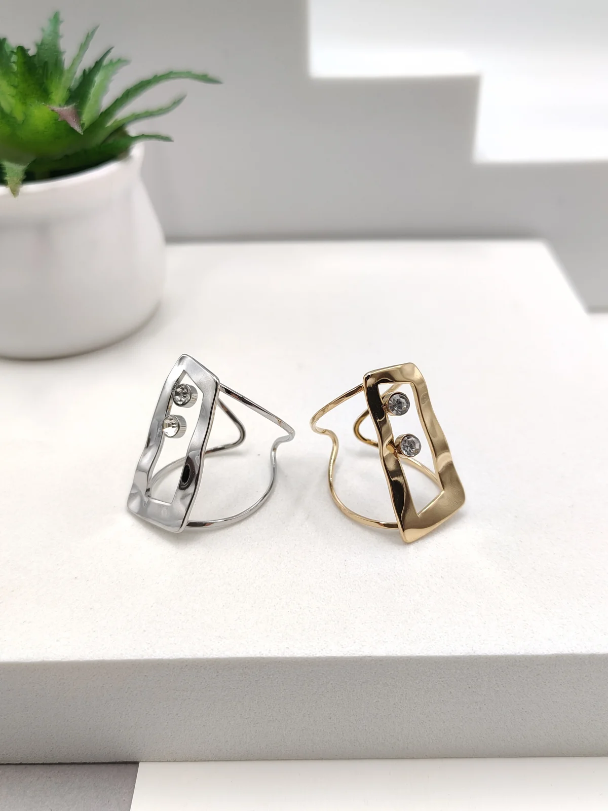 Stainless Steel Rectangle Ring with Crystals by Magis Handmade Jewels – view 4