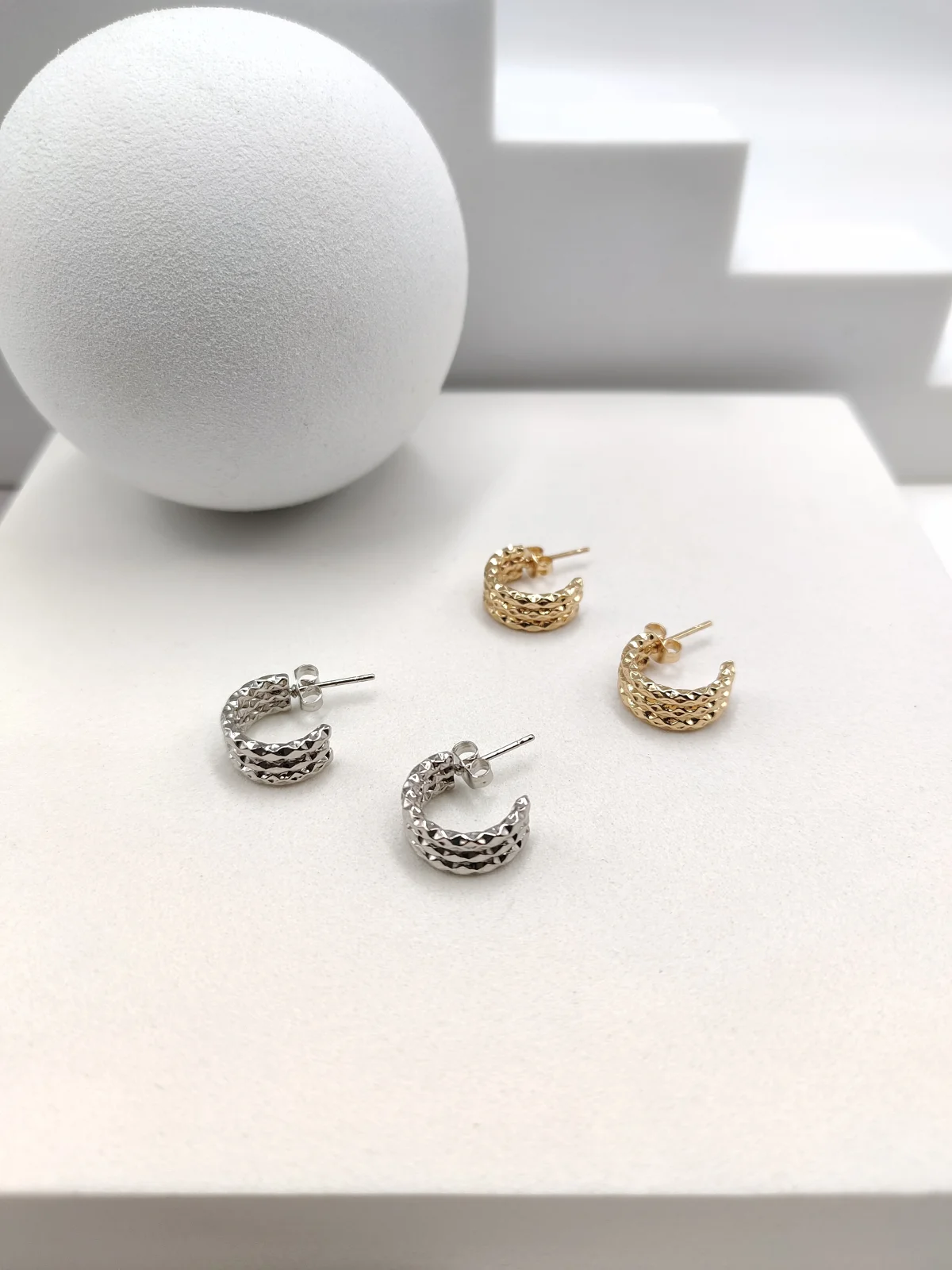 Stainless Steel Triple Embossed Hoop Earrings by Magis Handmade Jewels – view 2