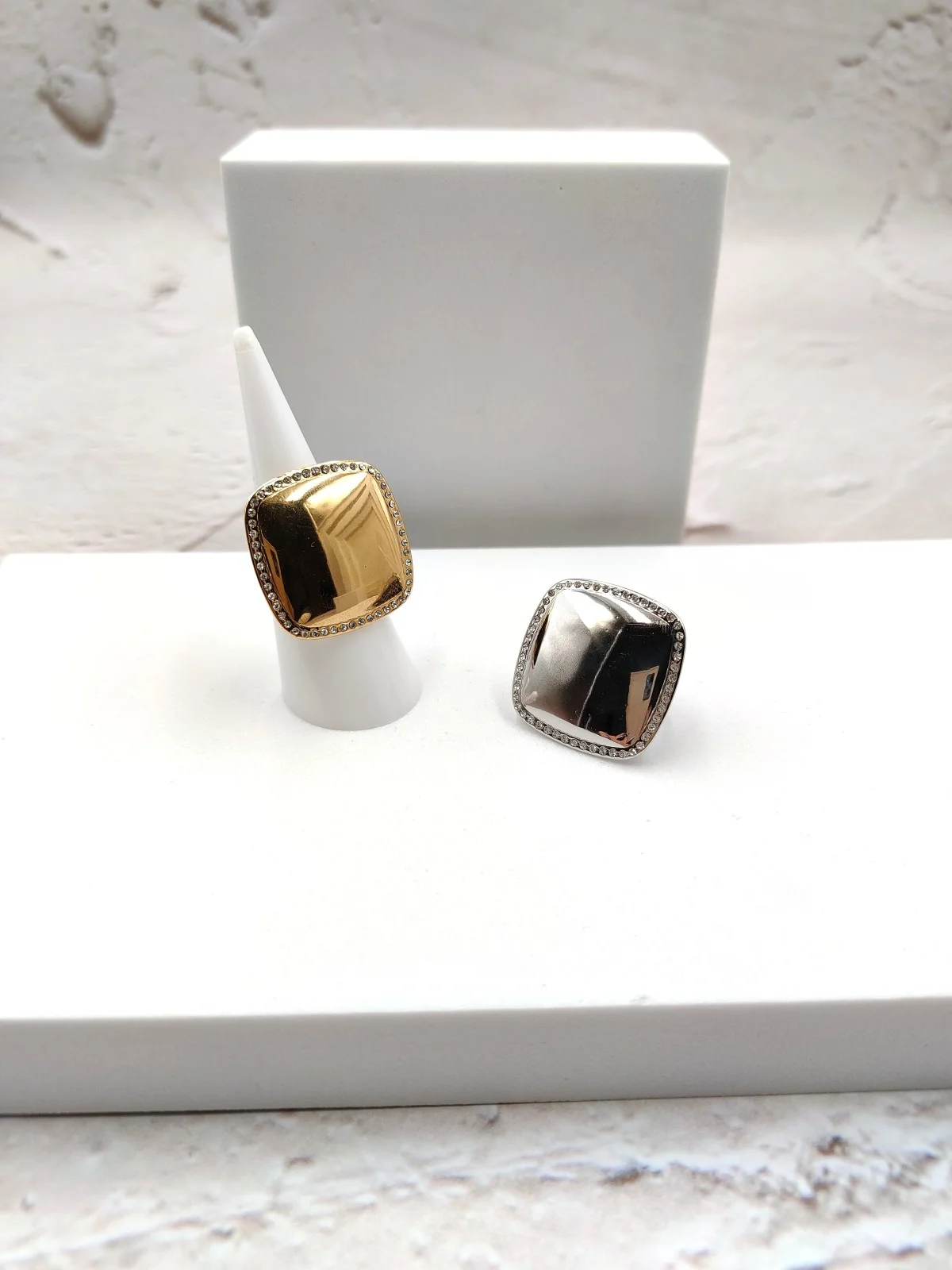 Stainless Steel Square Ring with Rhinestones by Magis Handmade Jewels – view 3