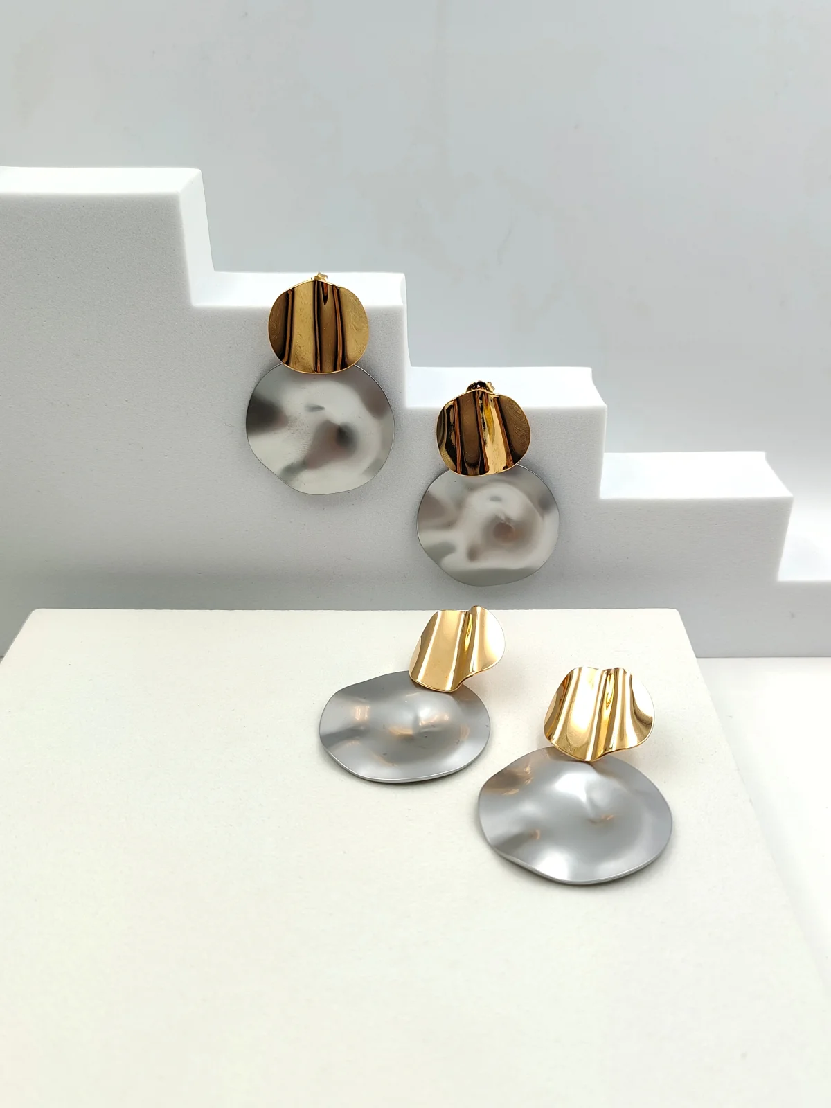 Stainless Steel Two-Tone Earrings with Circles by Magis Handmade Jewels – view 2