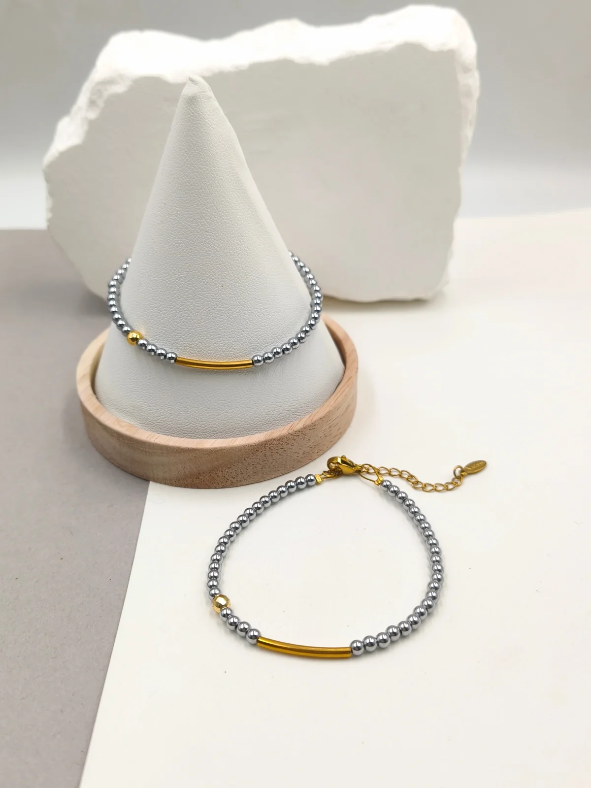 Bracelet with Hematite Beads and Stainless Steel Bar by Magis Handmade Jewels – view 2