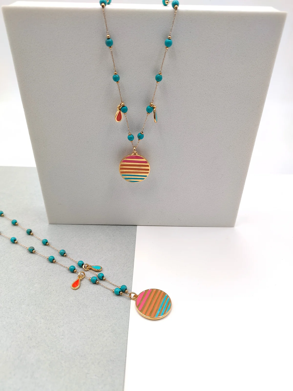 Stainless Steel Necklace with Gold-Plated Details, Enamel and Howlite by Magis Handmade Jewels – view 3
