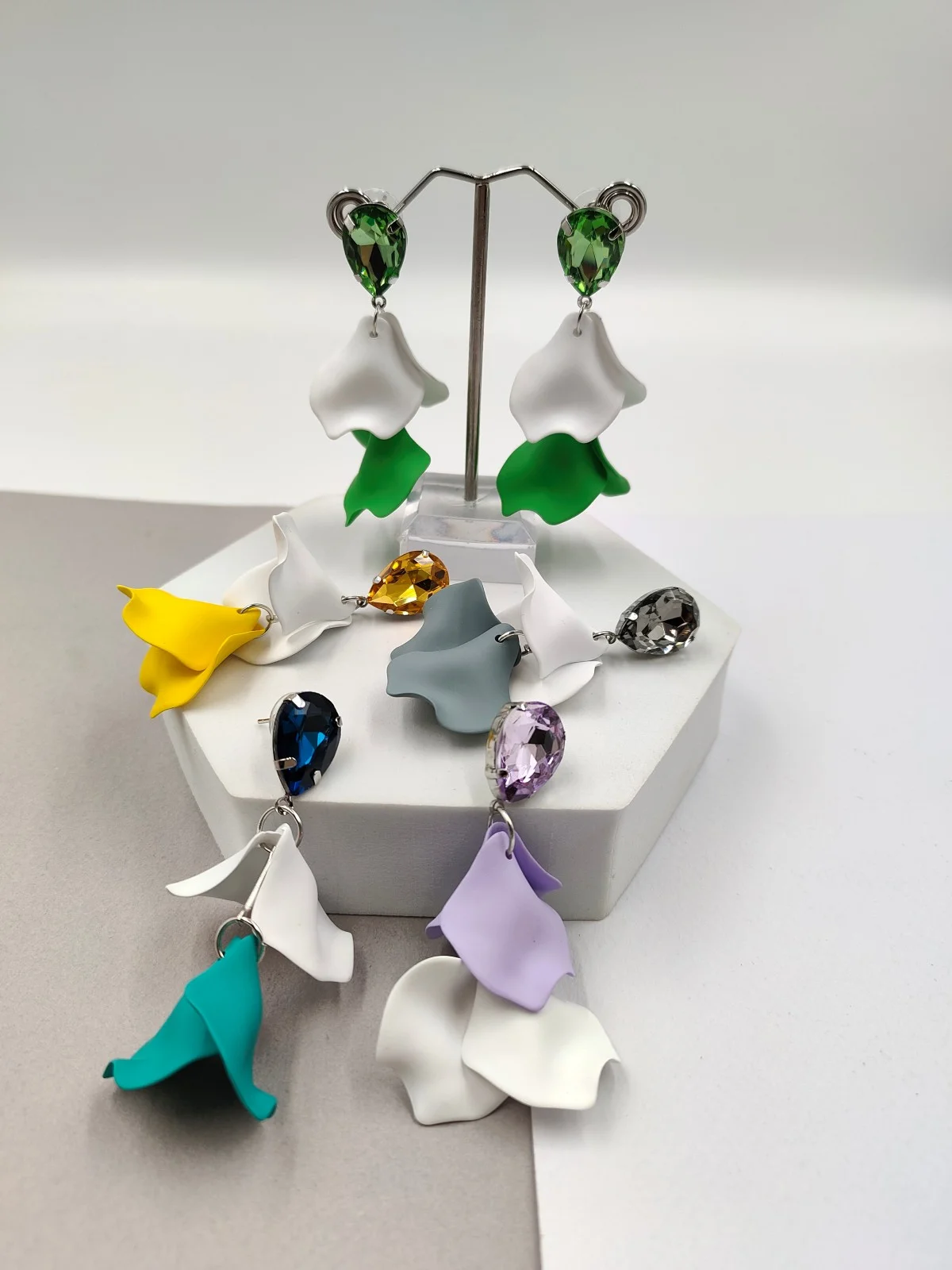 Earrings with Acrylic Leaves and Rhinestones by Magis Handmade Jewels – view 2
