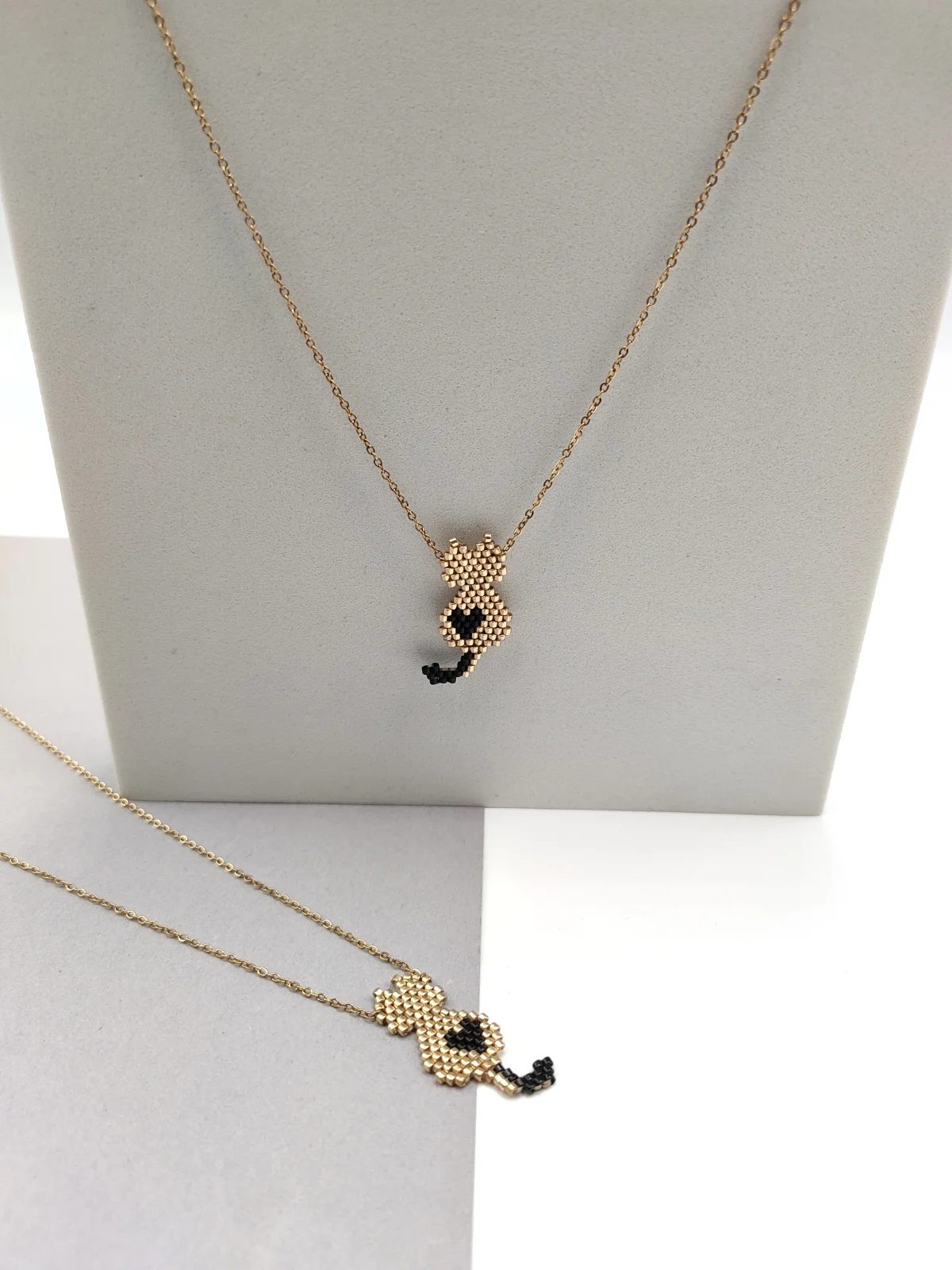 Stainless Steel Necklace with Miyuki Beads and Cat by Magis Handmade Jewels – view 2