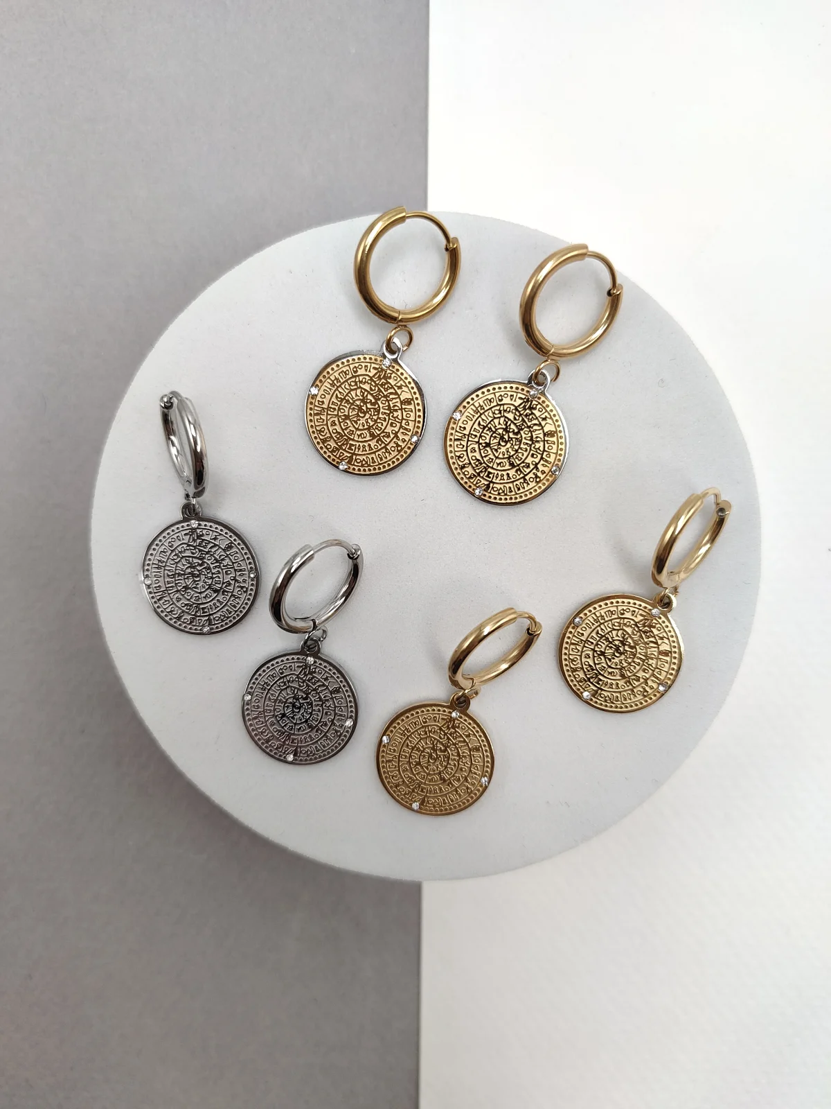 Stainless Steel Earrings with Embossed Phaistos Disc by Magis Handmade Jewels – view 2