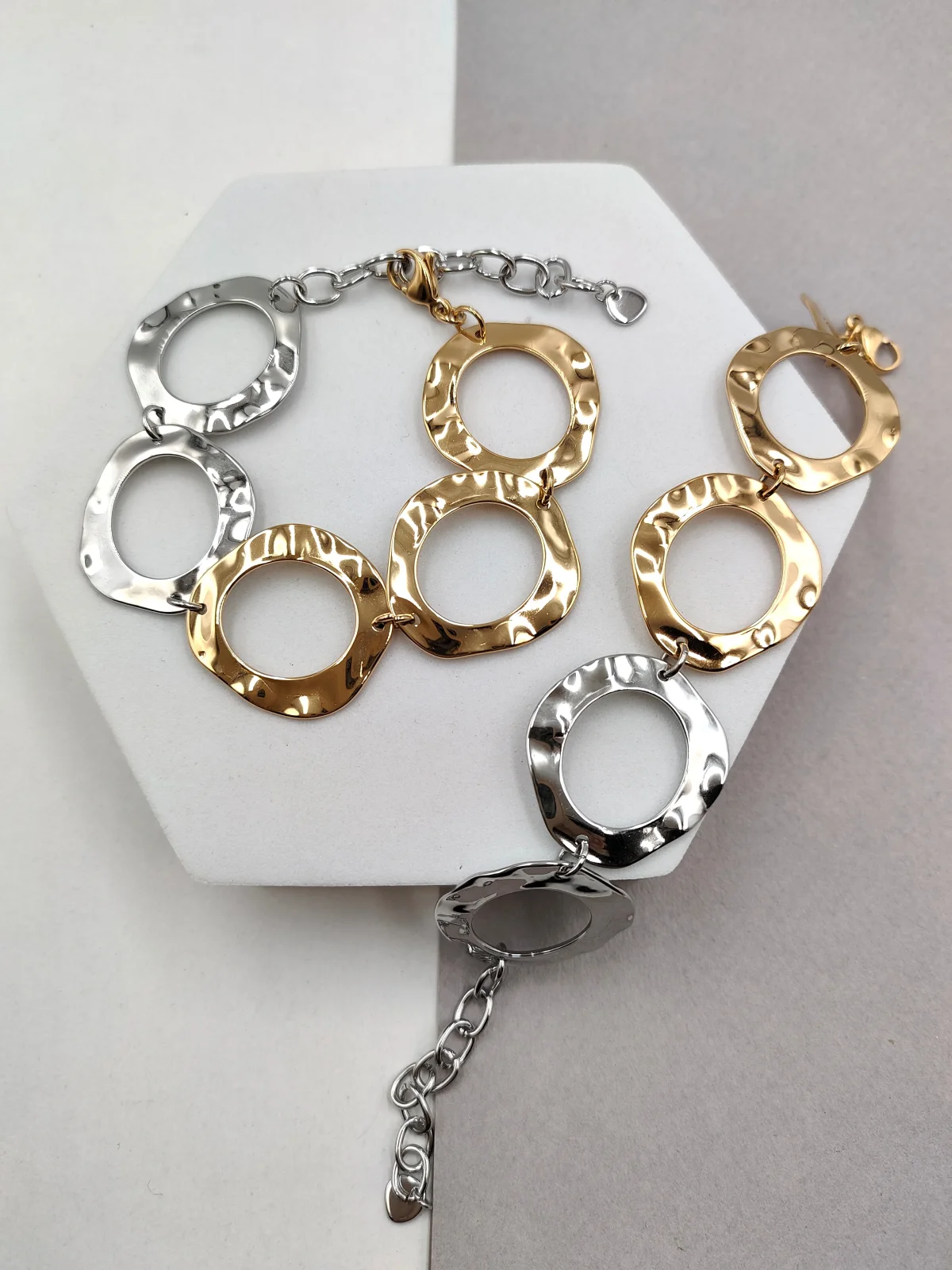Stainless Steel Bracelet with Hammered Two-Tone Circles by Magis Handmade Jewels – view 2