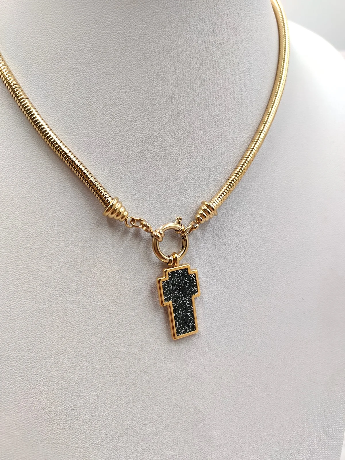 Stainless Steel Necklace with Gold-Plated Cross and Enamel by Magis Handmade Jewels – view 2