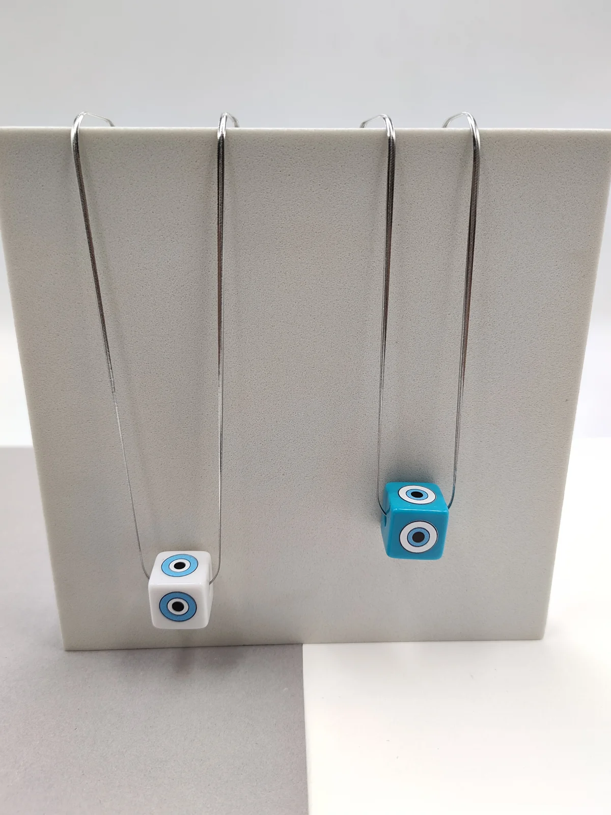 Stainless Steel Long Necklace with Acrylic Cube and Evil Eye by Magis Handmade Jewels – view 2