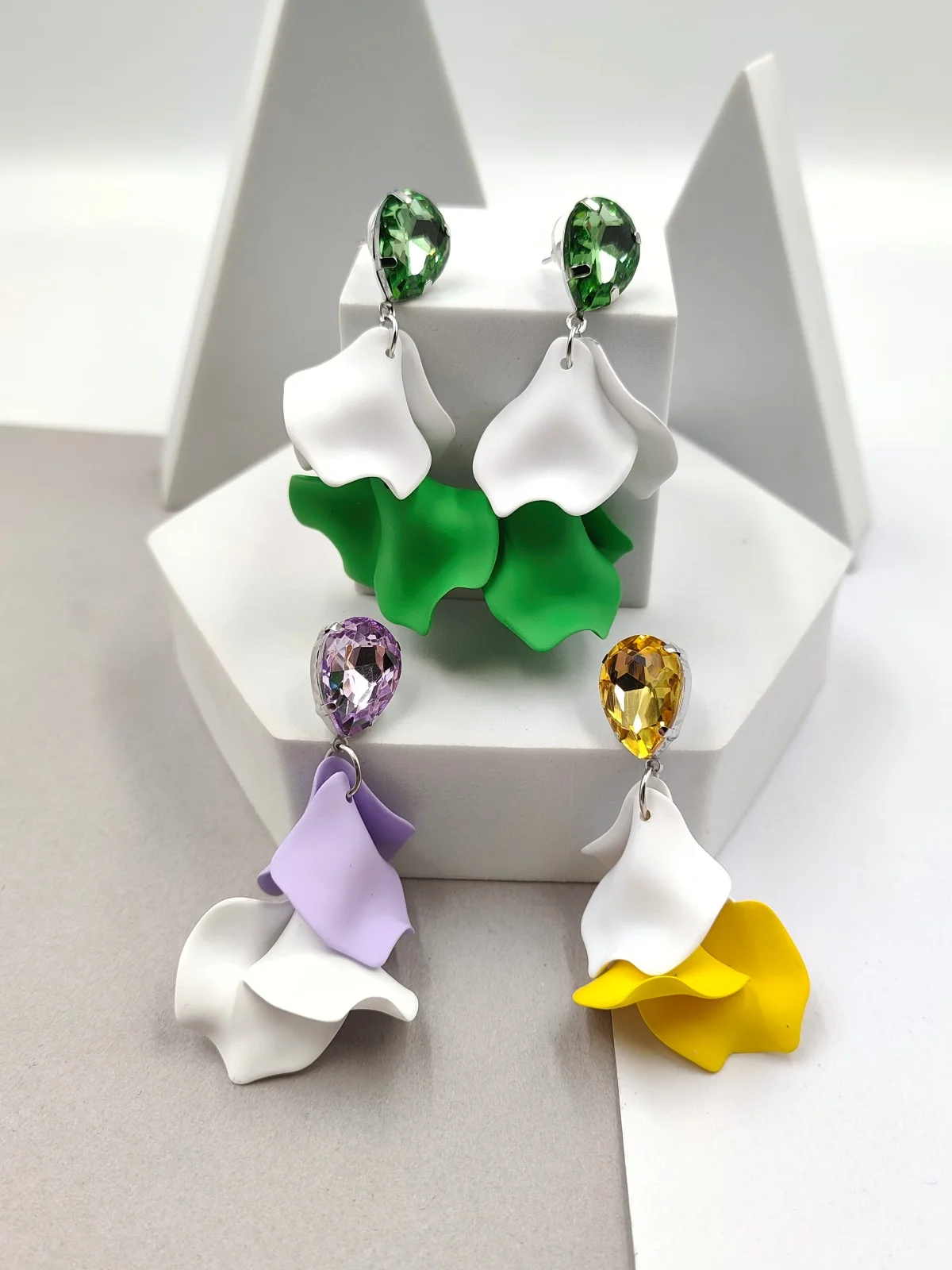 Earrings with Acrylic Leaves and Rhinestones by Magis Handmade Jewels – view 4