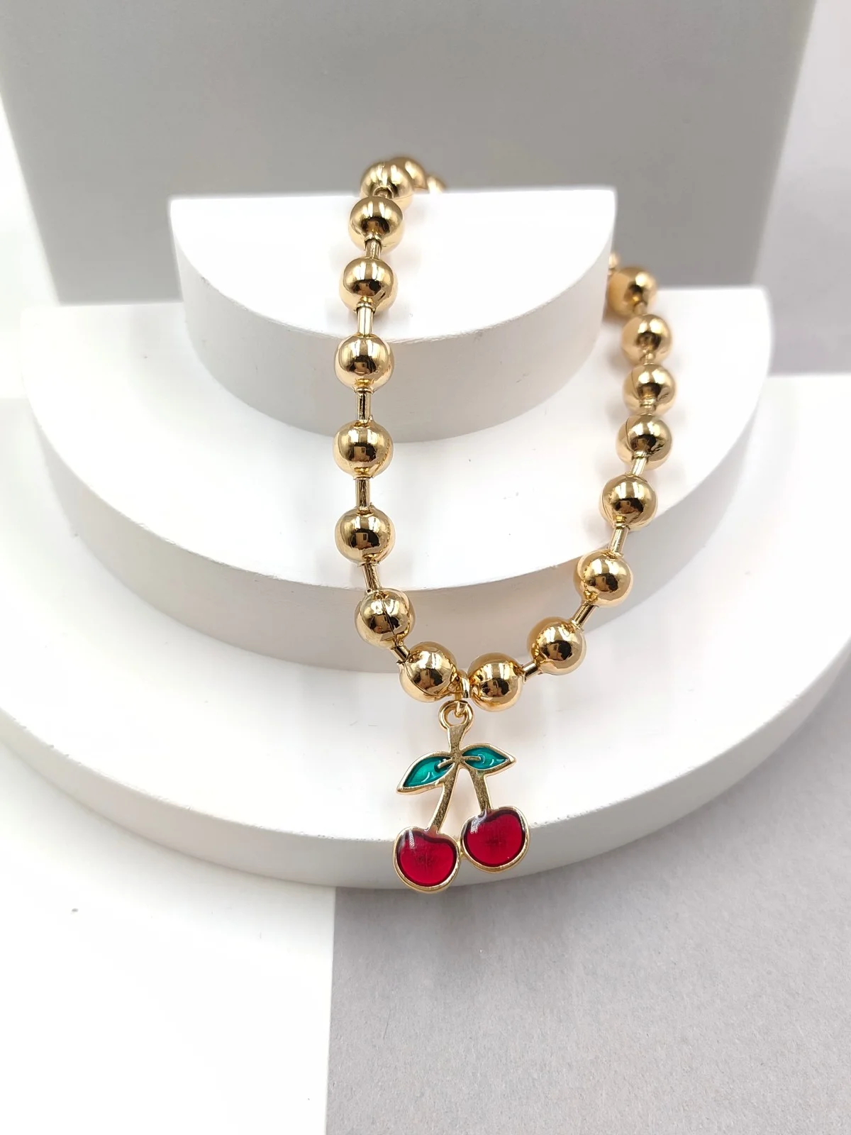 Stainless Steel Bracelet with Beads and Gold-Plated Cherry #692139