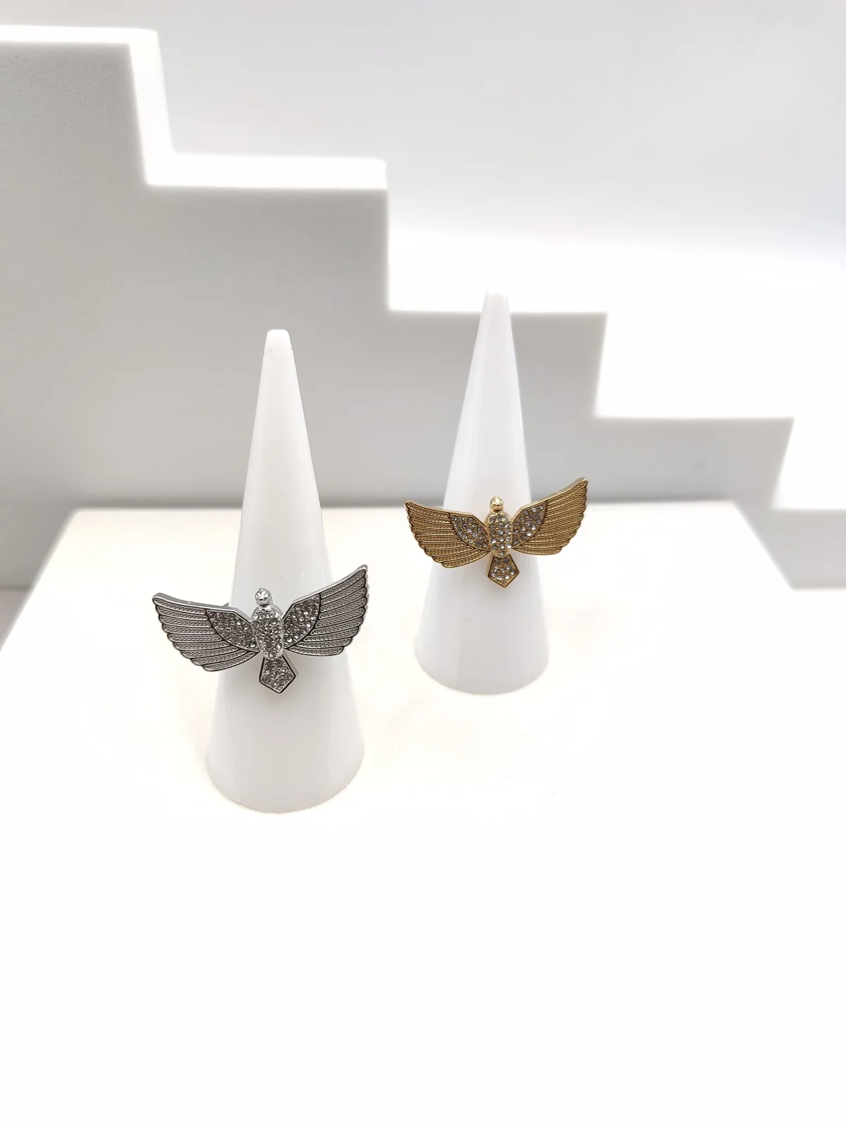 Stainless Steel Ring with Embossed Bird and Crystals by Magis Handmade Jewels – view 2