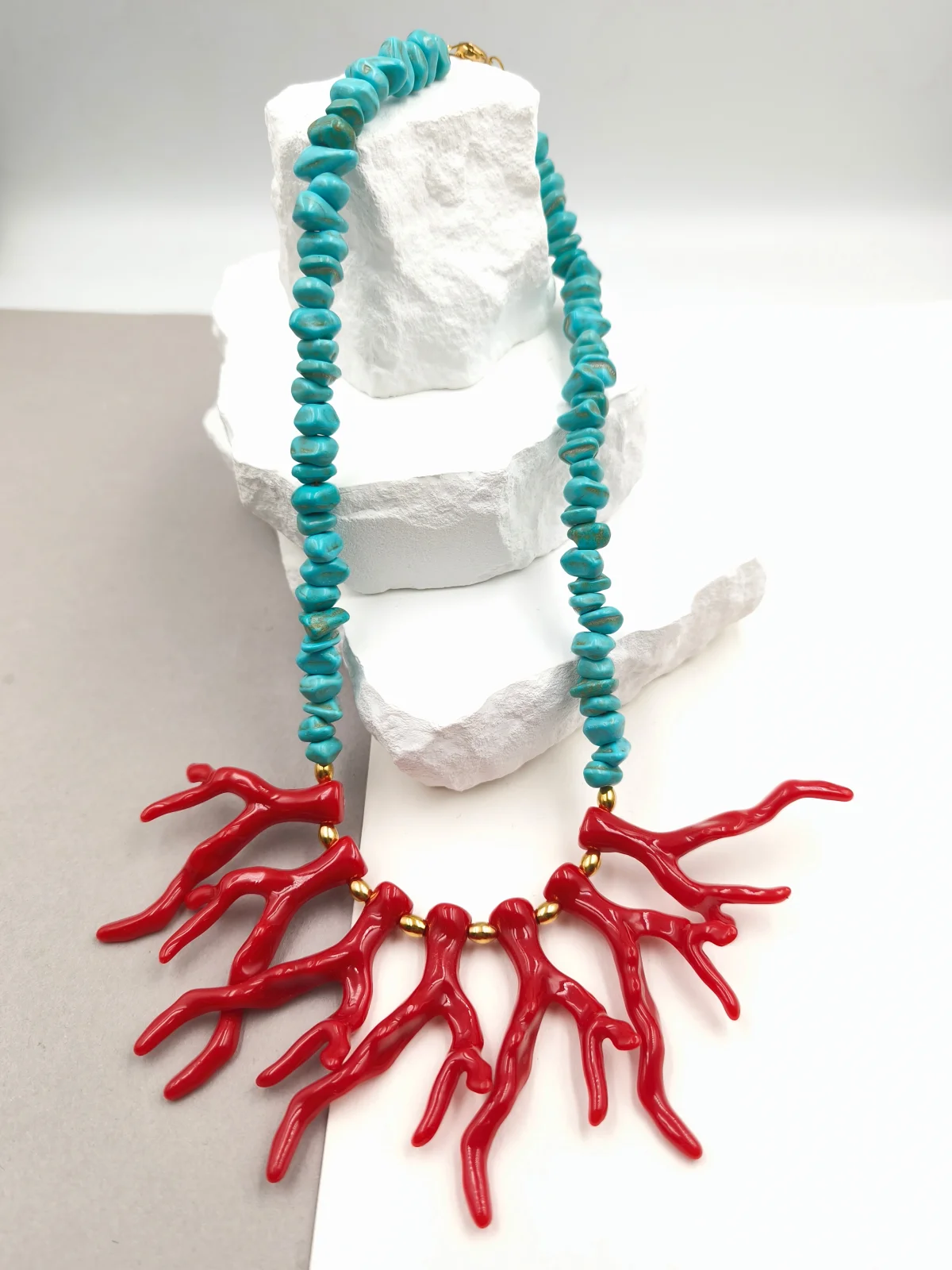 Necklace with Howlite Beads and Coral Design by Magis Handmade Jewels – view 2