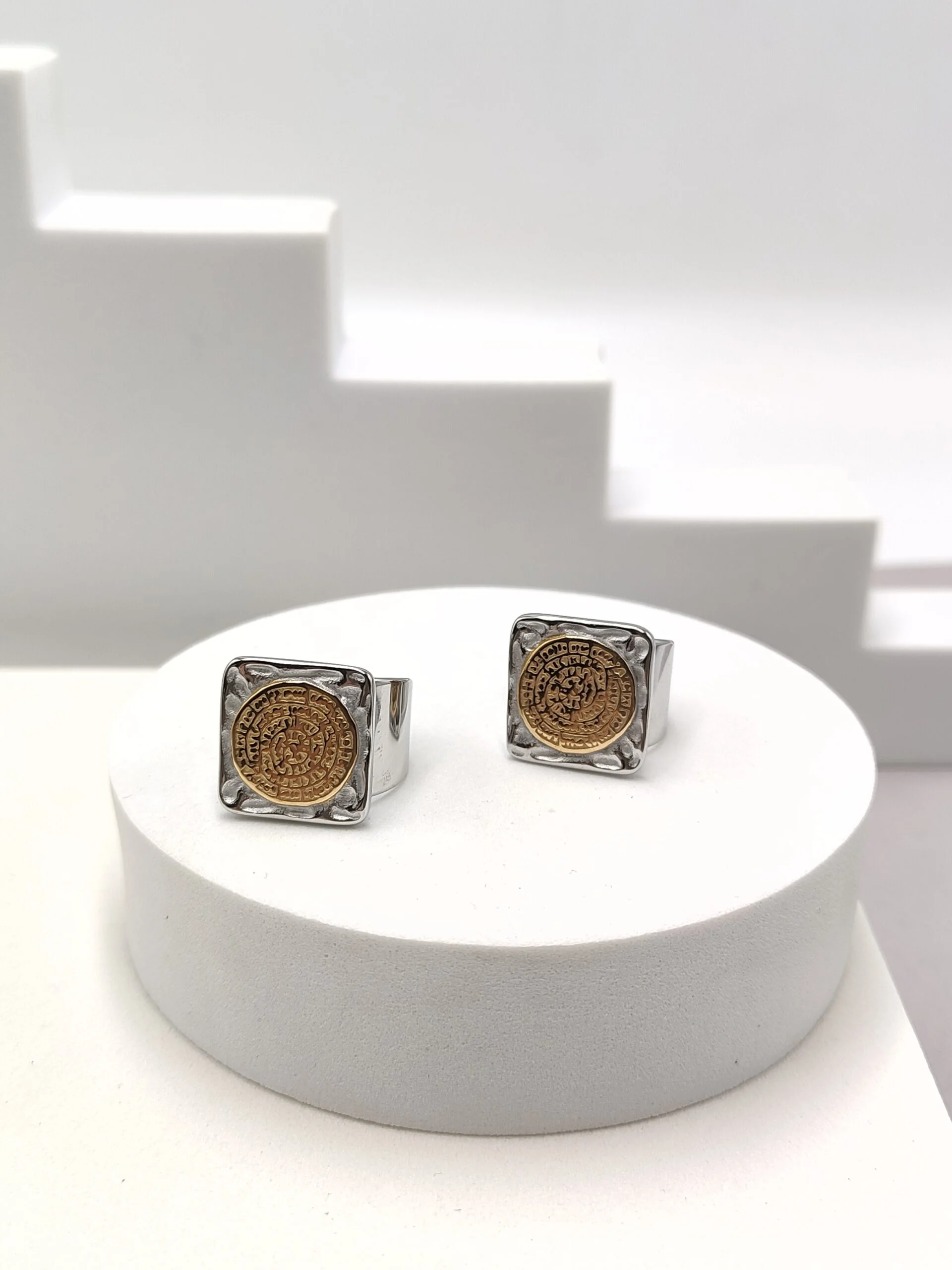 Stainless Steel Two-Tone Ring with Phaistos Disc by Magis Handmade Jewels – view 2