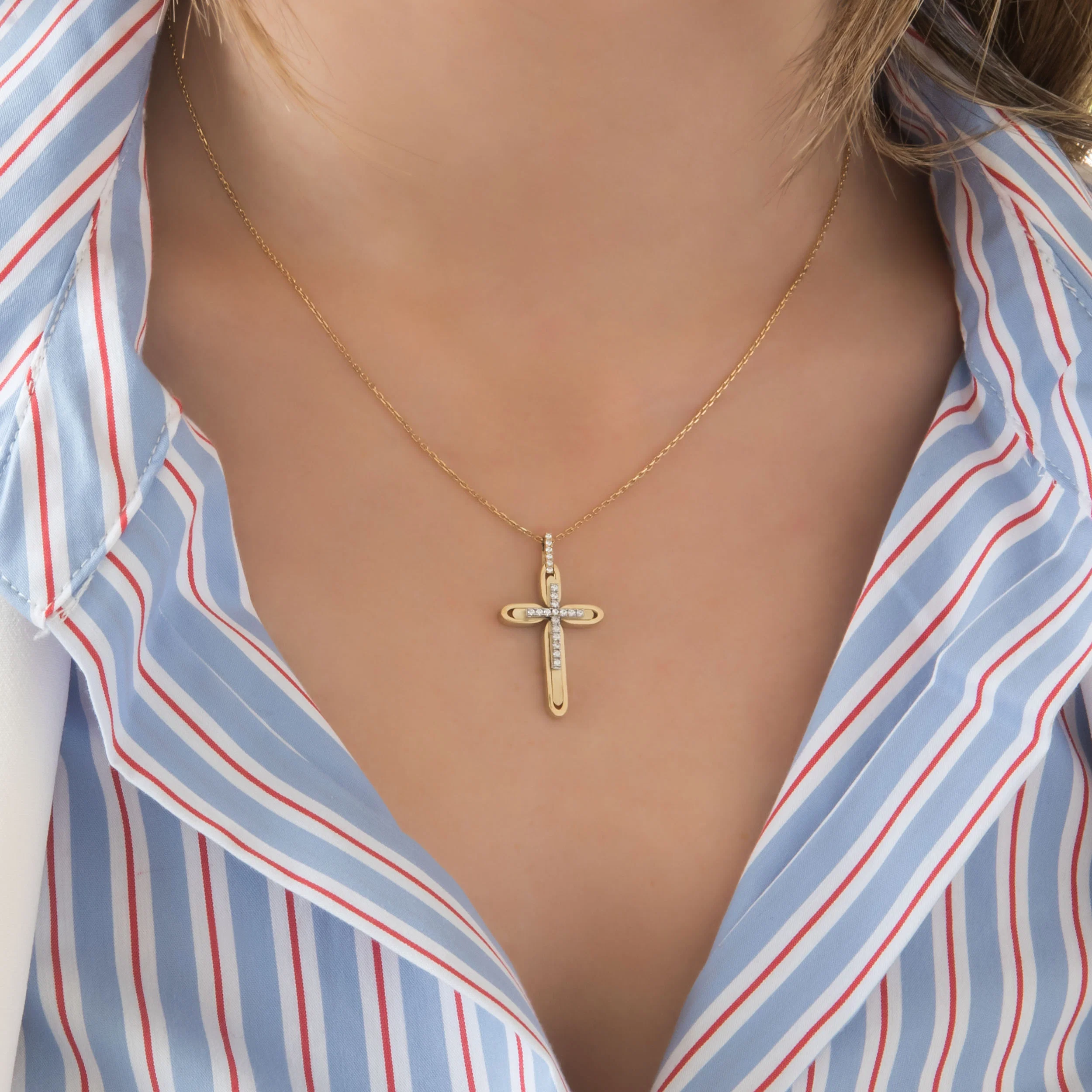 Yellow Gold 9K Double Layer Cross Pendant with White Zirconia – Polished & Matte Finish — additional product image 2 from AntEva Crafts