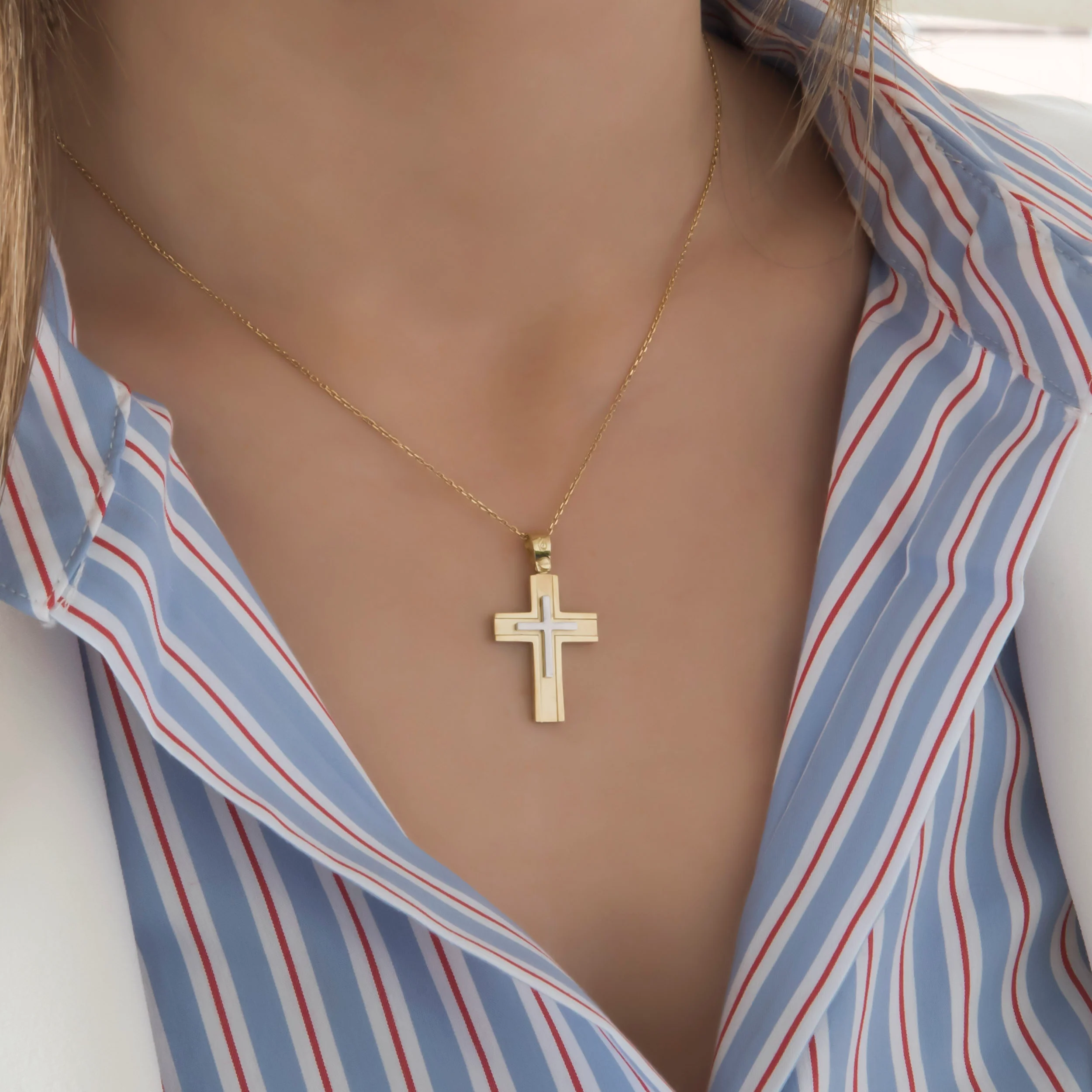 Yellow Gold 14K Flat Two-Tone Cross with White Gold Center – Polished & Matte Finish — additional product image 2 from AntEva Crafts