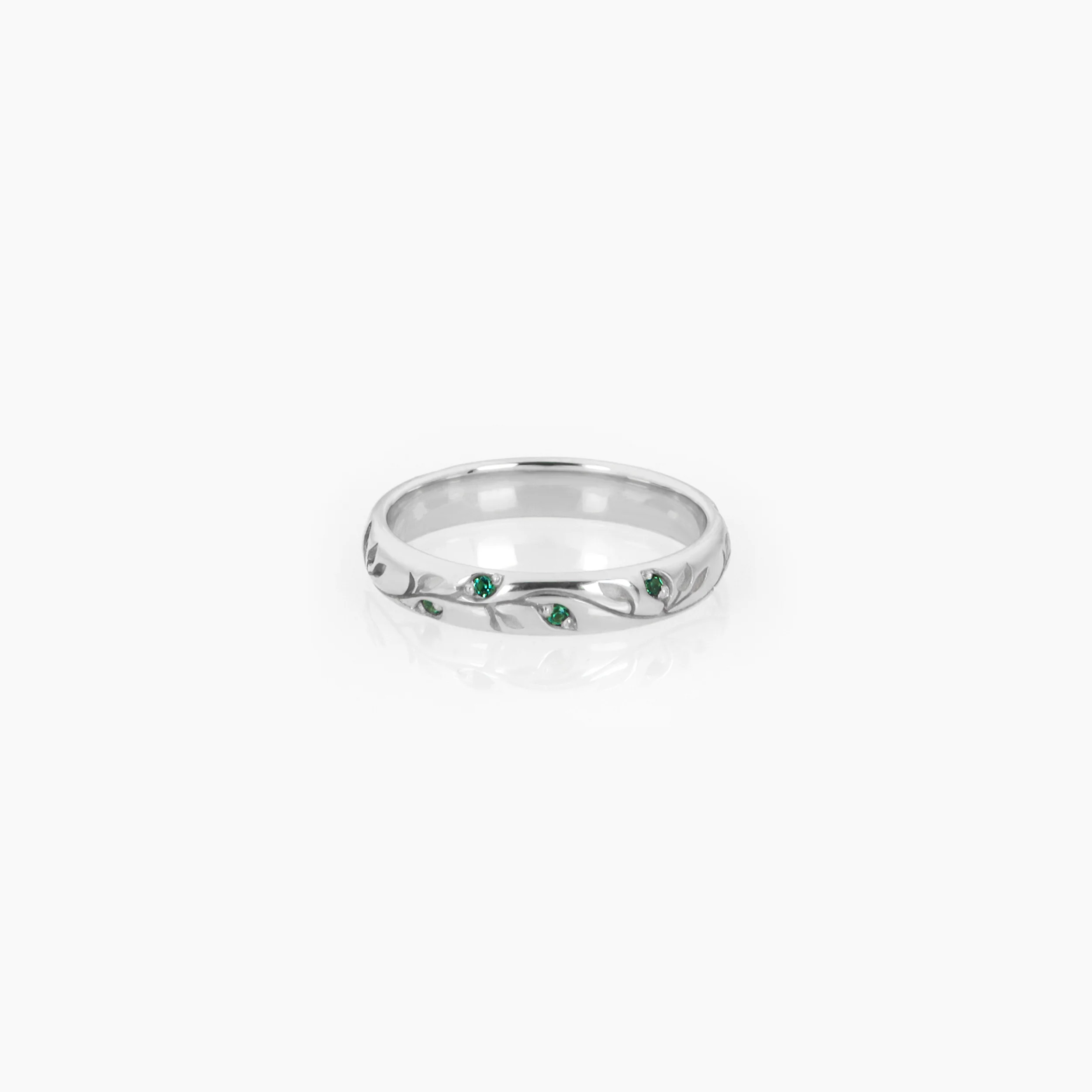 Solid Gold Botanical Wedding Band – Verdure Engraved Leaf Ring with Gemstone Accents — additional product image 4 from AntEva Crafts