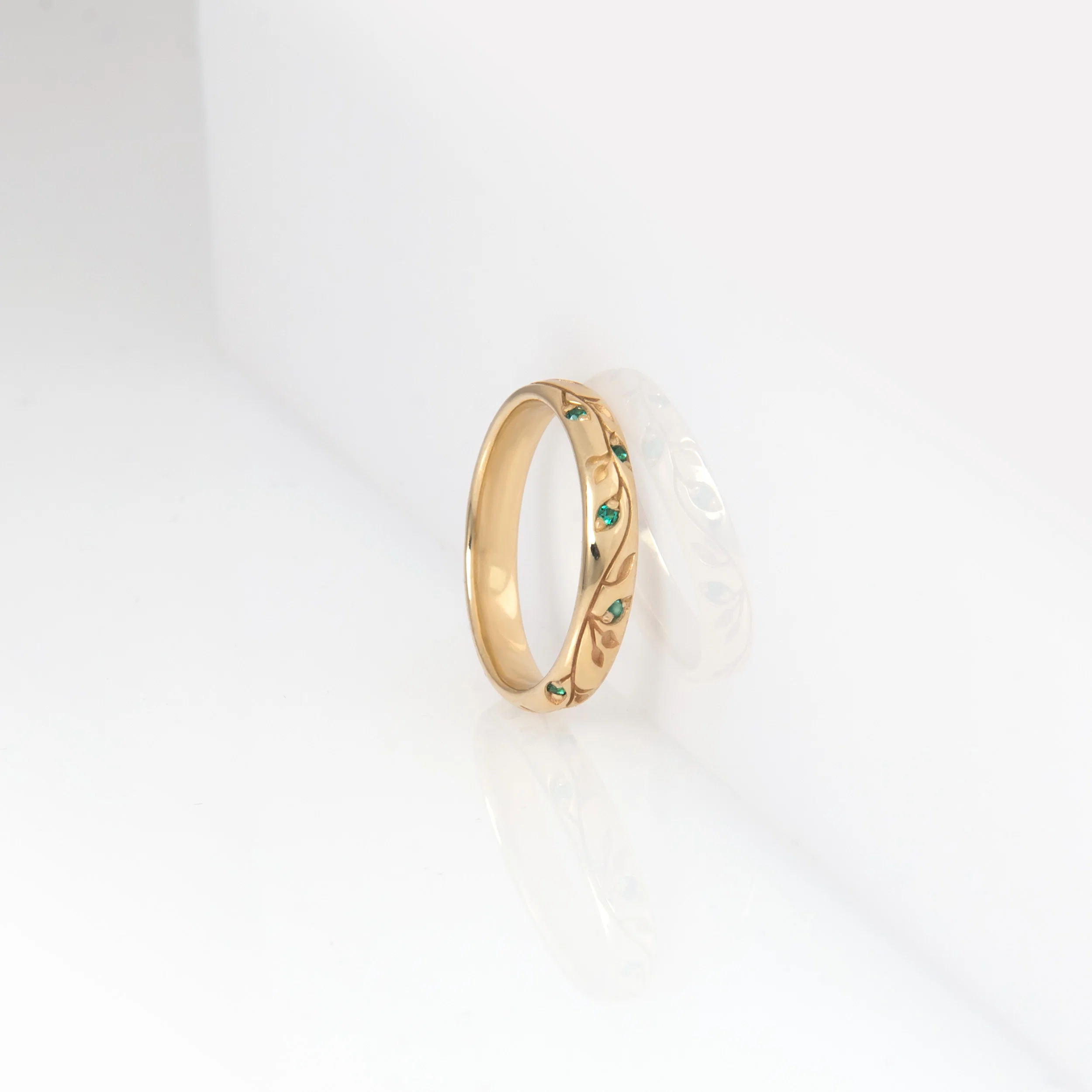 Solid Gold Botanical Wedding Band – Verdure Engraved Leaf Ring with Gemstone Accents — additional product image 3 from AntEva Crafts