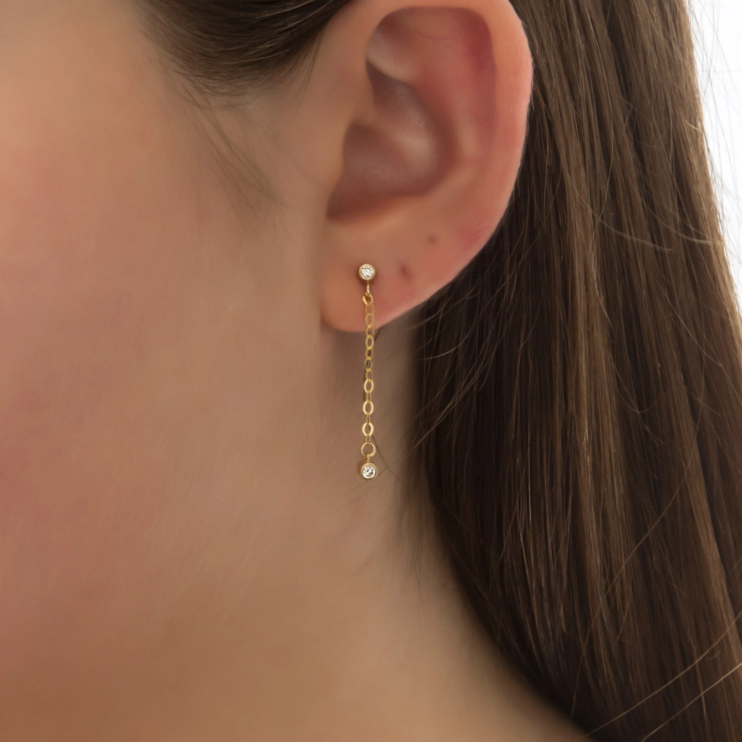 14K Solid Gold 2-Diamond Chain Drop Earrings – Lab-Grown Diamond Dangle Earrings — additional product image 2 from AntEva Crafts