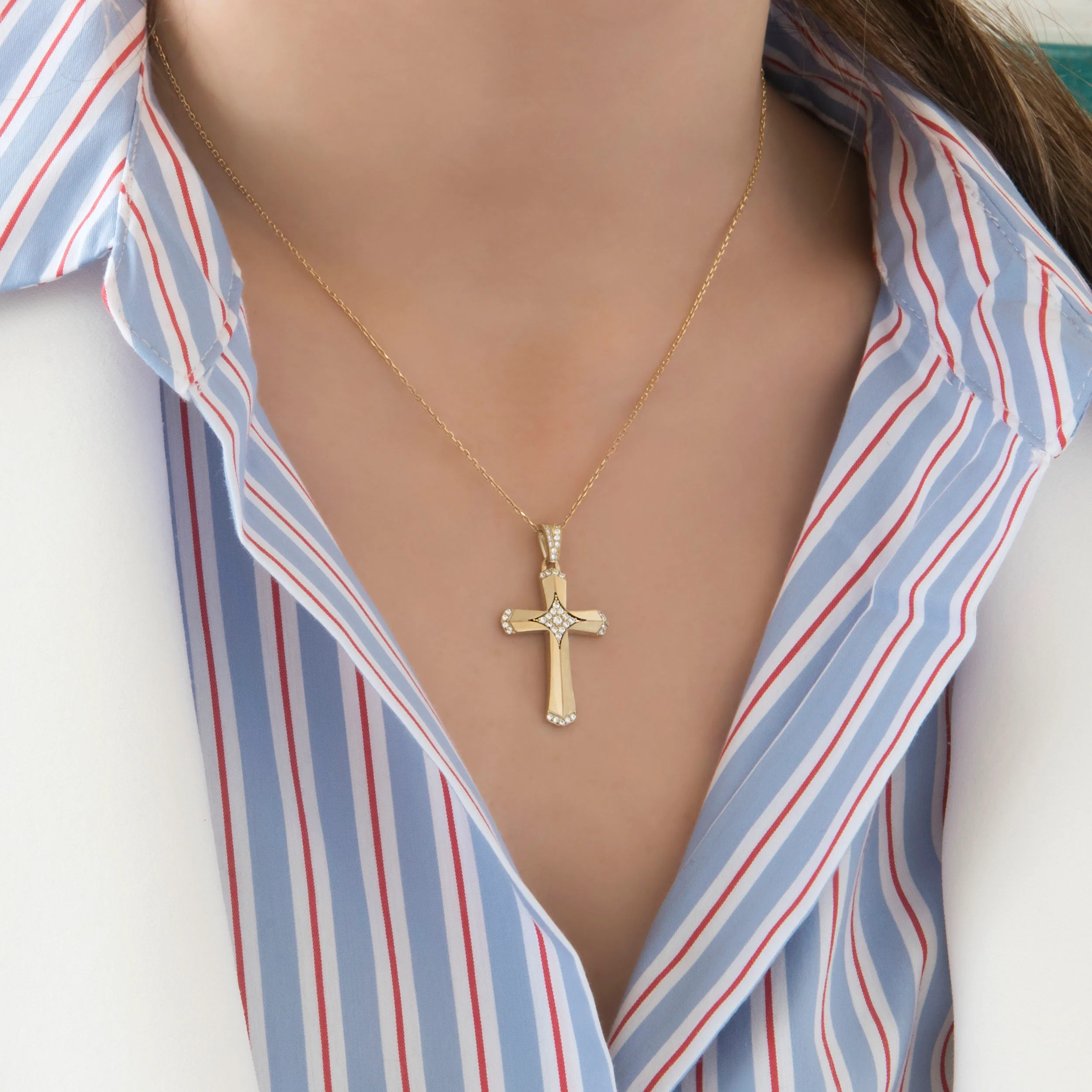 Yellow Gold Cross Pendant with White Zirconia - Star Center Design — additional product image 2 from AntEva Crafts