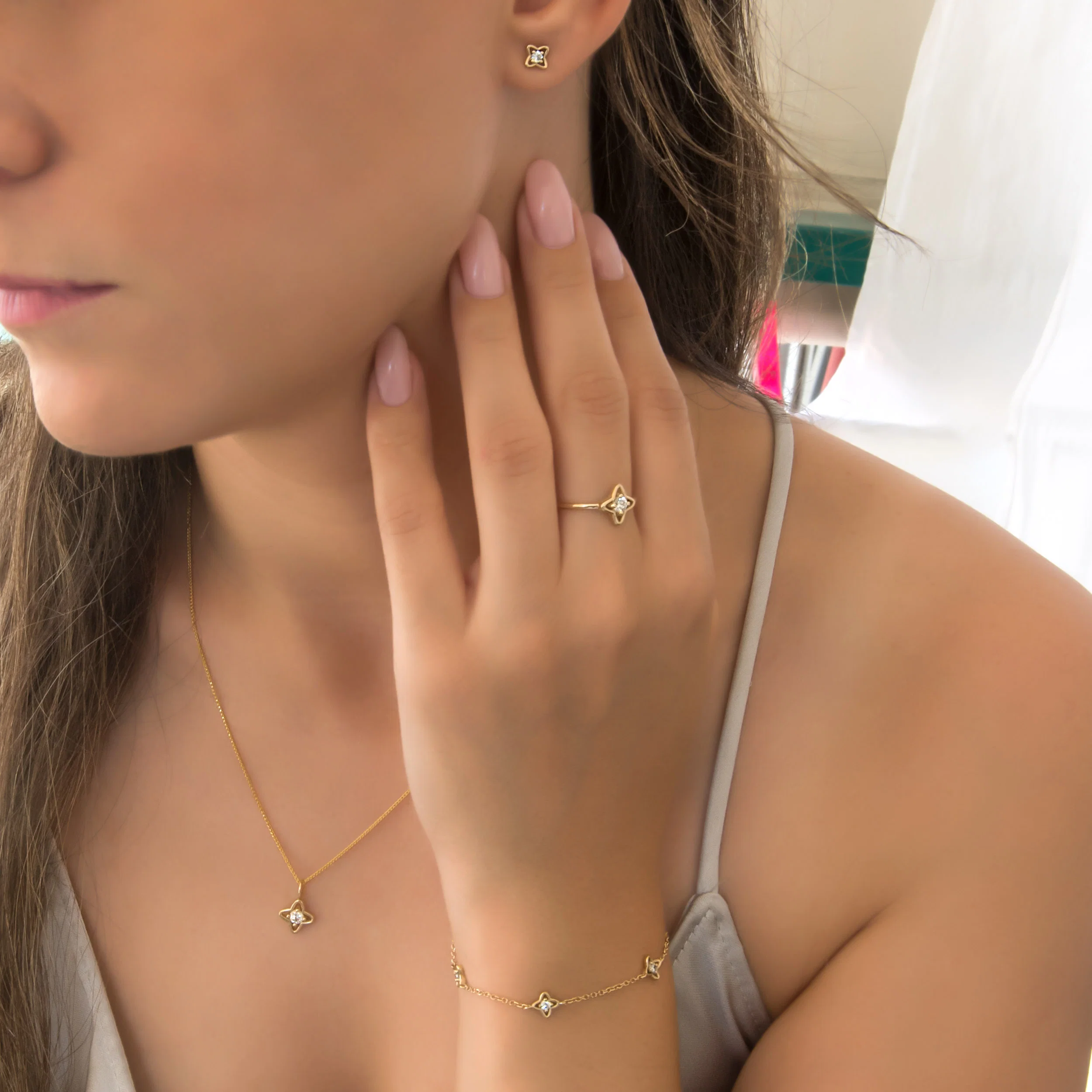 14K Gold Clover Diamond Station Bracelet – Triple Floral Lab-Grown Diamond Bracelet — additional product image 3 from AntEva Crafts