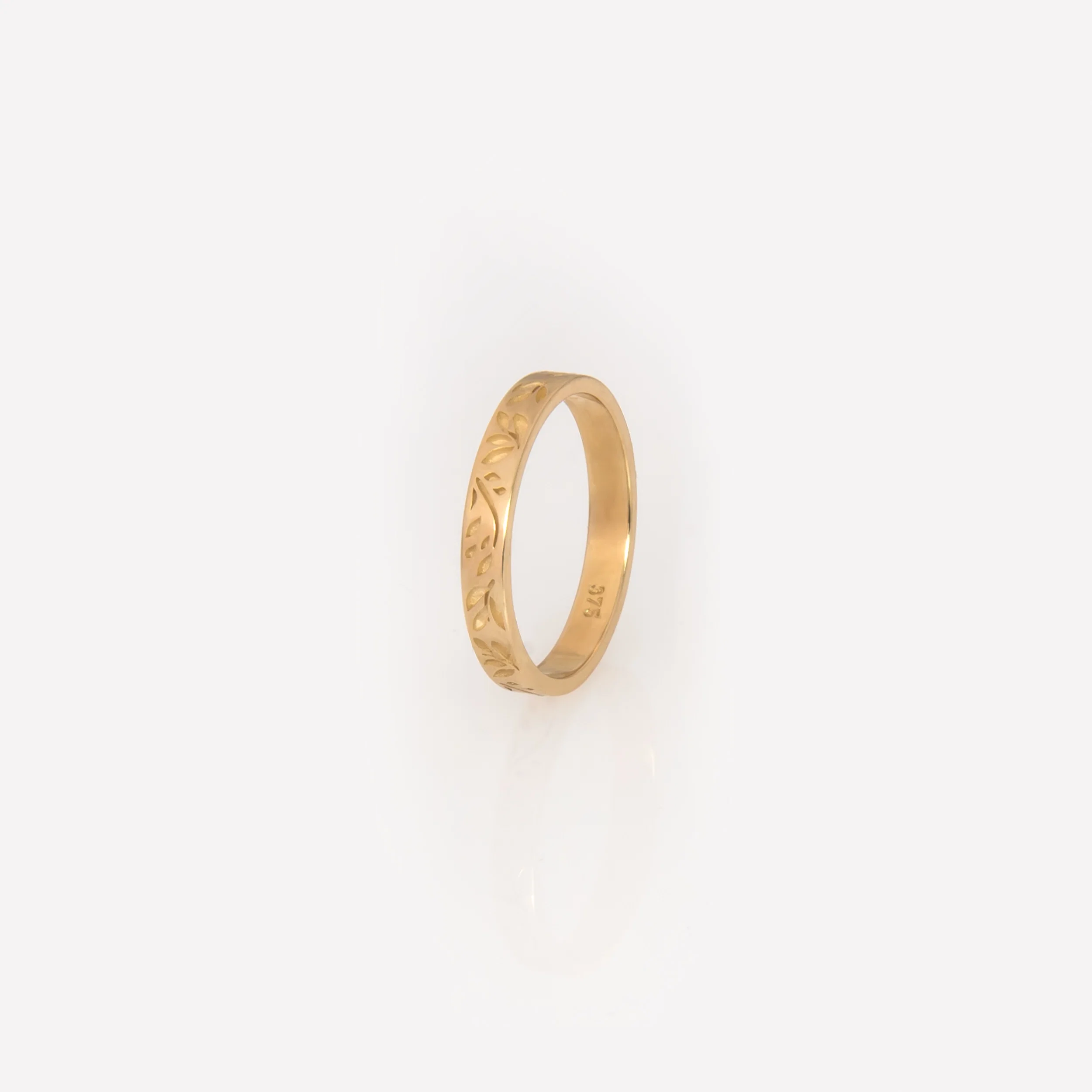 Solid Gold Olive Leaf Engraved Band Ring – Floral Stackable Ring — additional product image 4 from AntEva Crafts