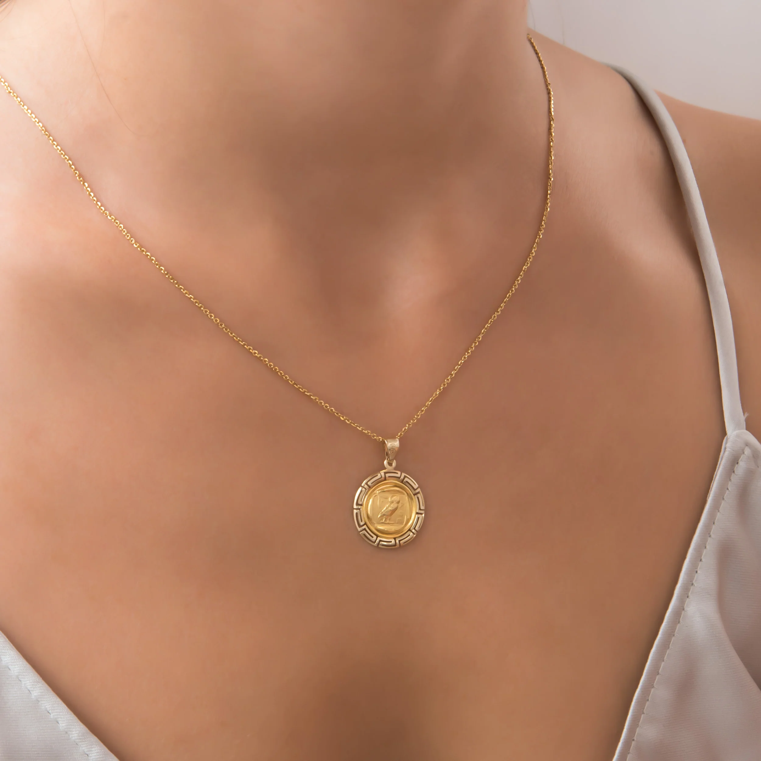 Round Athenian Owl Meander Pendant — additional product image 2 from AntEva Crafts